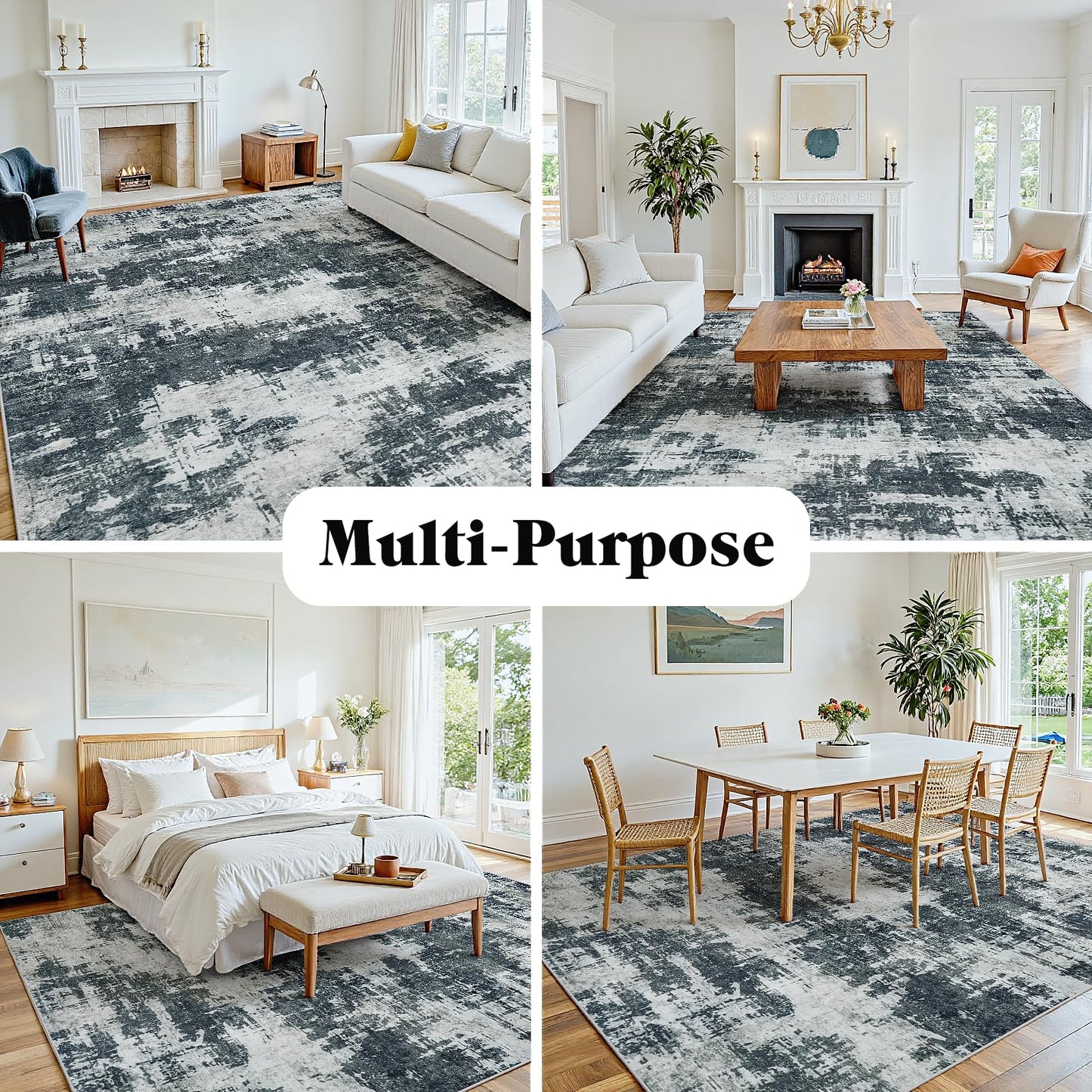 5x7 Area Rugs for Living Room Washable: Abstract Soft Thin Low Pile Black Rug, Indoor Floor Non Slip Stain Resistant Modern Carpet for Bedroom Nursery Farmhouse Dining Room Home Office (Black, 5'x7')