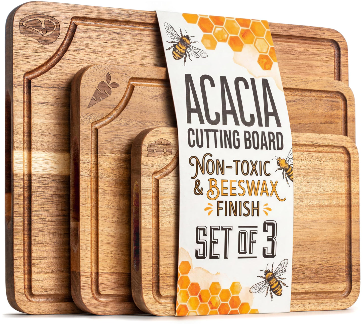 EDELHAUS Cutting Boards for Kitchen (Set of 3) Beeswax Finished Acacia Wood Cutting Board, Mineral Oil Free Wooden Cutting Boards non Toxic with Juice Groove, Non-Slip Feet, Charcuterie Boards