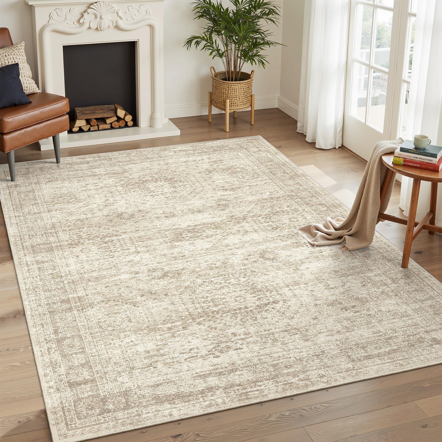 Soalmost 5x7 Area Rugs Beige Low Pile Indoor Washable Trendy Faded Style Rugs for Bedroom Living Room Dining Room Foldable Non-Slip Thin Print Home Office Mat