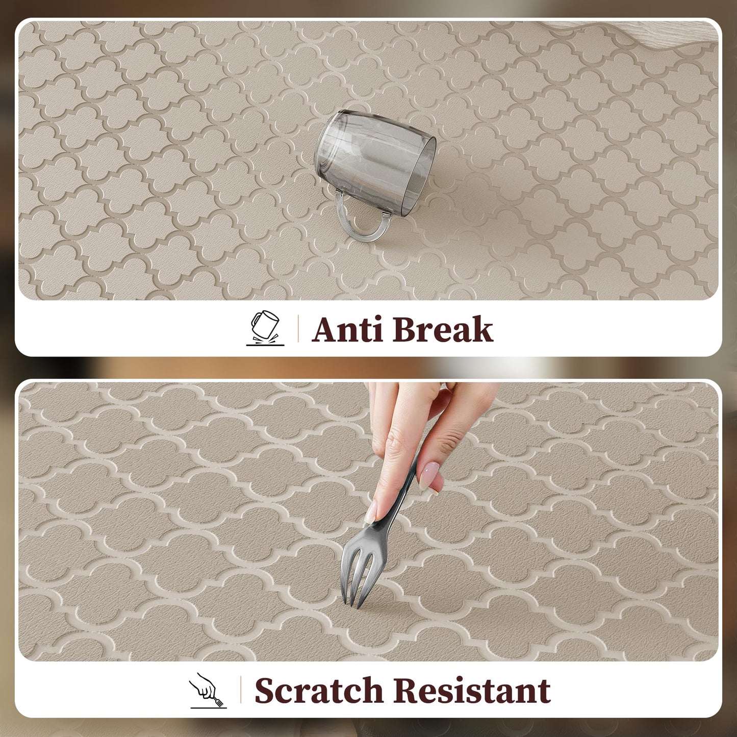 Arenarug Upgrade Scalloped Embossed Kitchen Mats for Floor 2PCS Cushioned Anti Fatigue Waterproof Foam Kitchen Rugs Non Slip Washable Comfort Standing Mat for Sink Laundry,17.3"x30"+17.3"x47",Khaki