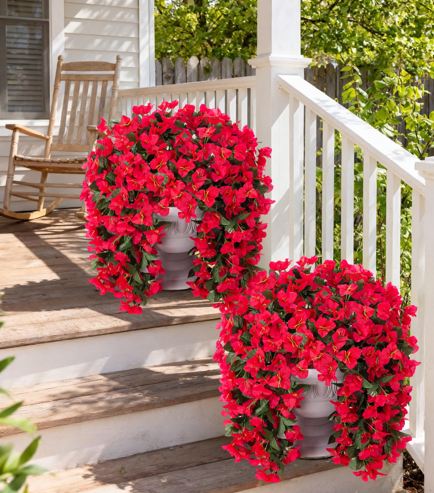 Faux Bougainvillea Artificial Flowers Plants for Outdoor Outside Decoration, 2 PCS Red Fake Flowers UV Resistant Look Real Silk Long Trailing Vines for Front Door Porch Planter Urn Patio Garden Yard