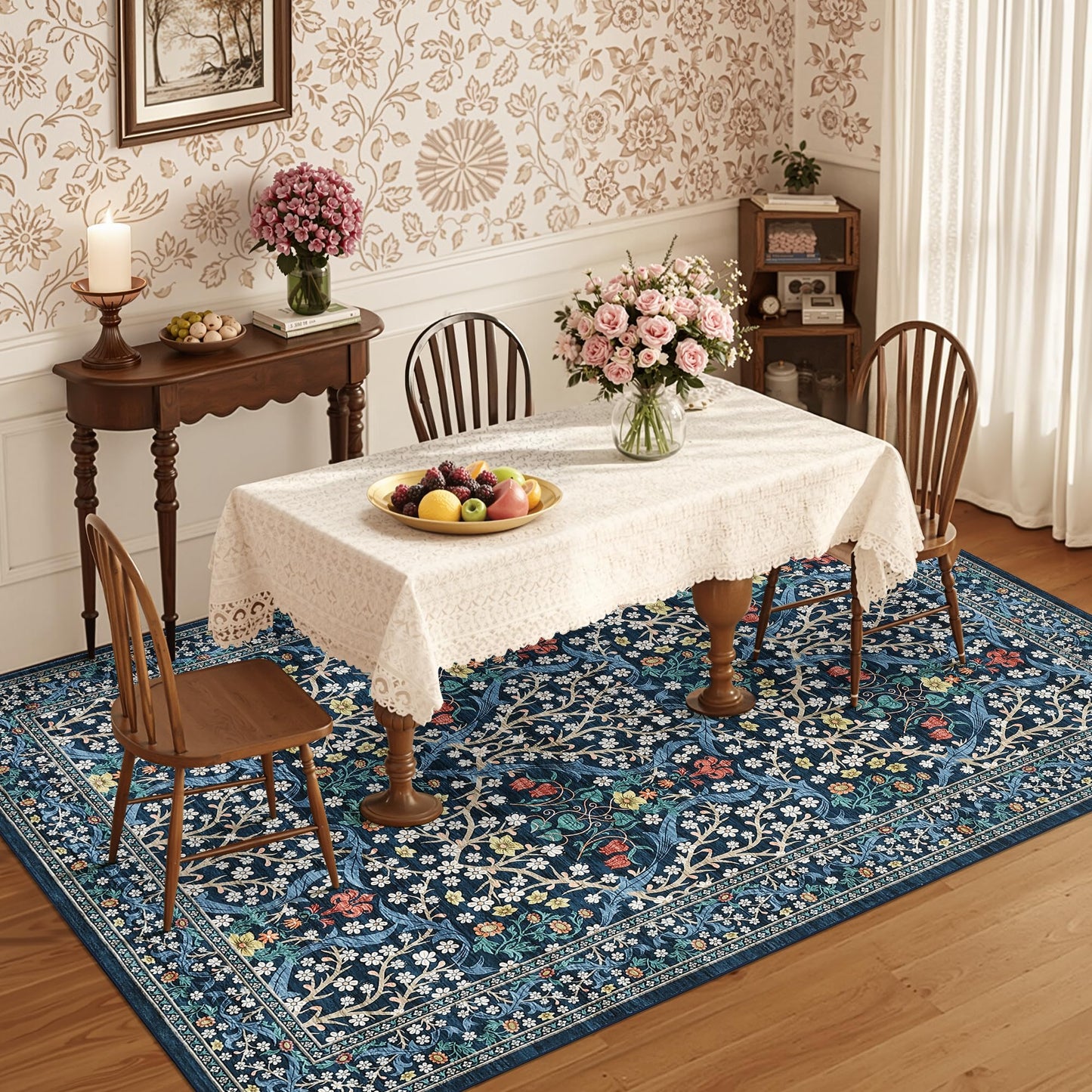 GarveeHome Floral Area Rugs 5x7, Dark Blue Washable Rug for Living Room, Bedroom, Low Pile Non Slip Stain Resistance Indoor Boho Carpet Mat for Farmhouse, Dining Room, Office