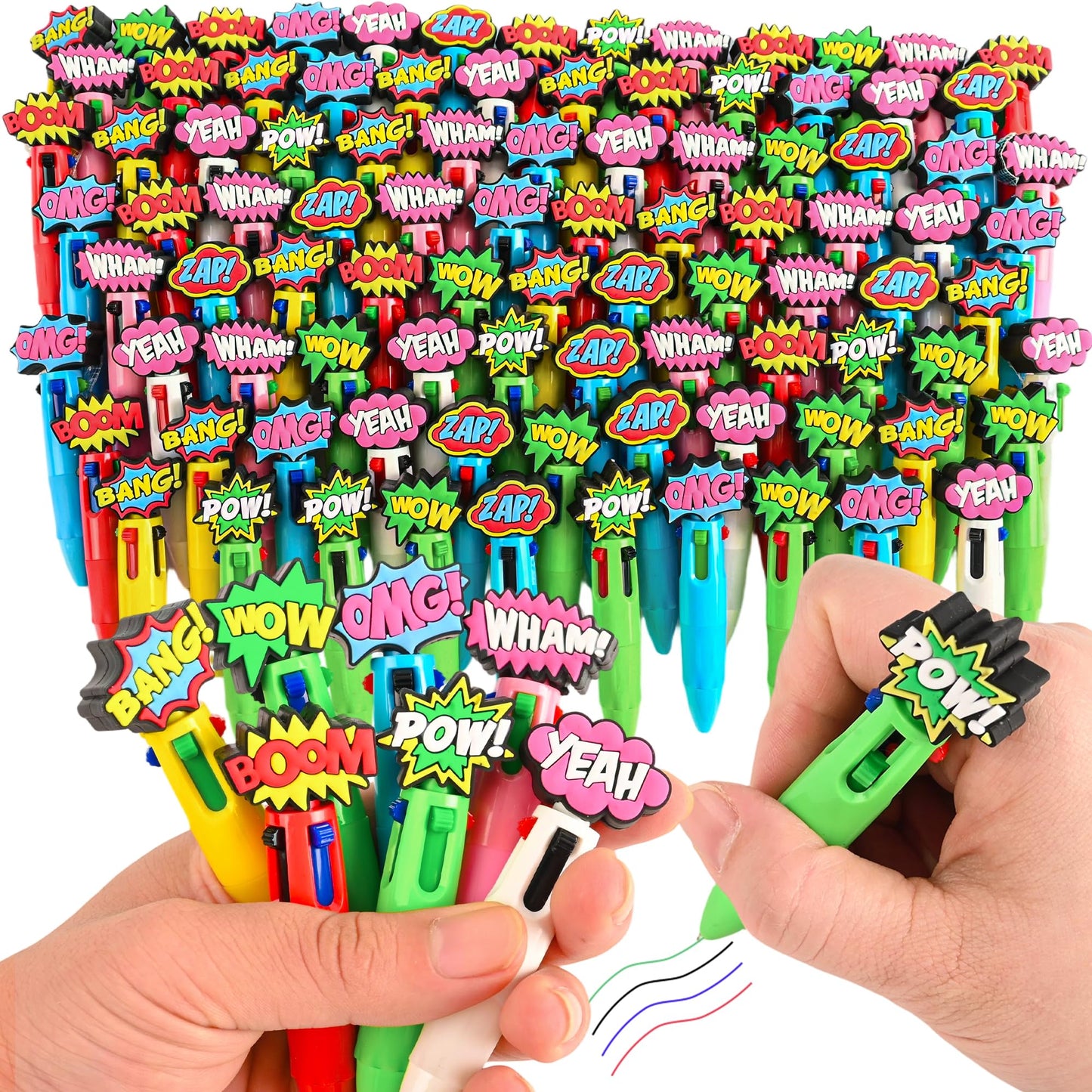 LiYiQ 100 Pcs Hero Theme Colorful Multicolor Pen in One Cute Cartoon Fun 4-in-1 Cute Pens Bulk Kawaii Hero Theme Boom Wow Pow Conversation Cool Ballpoint Pens for Fun Gifts