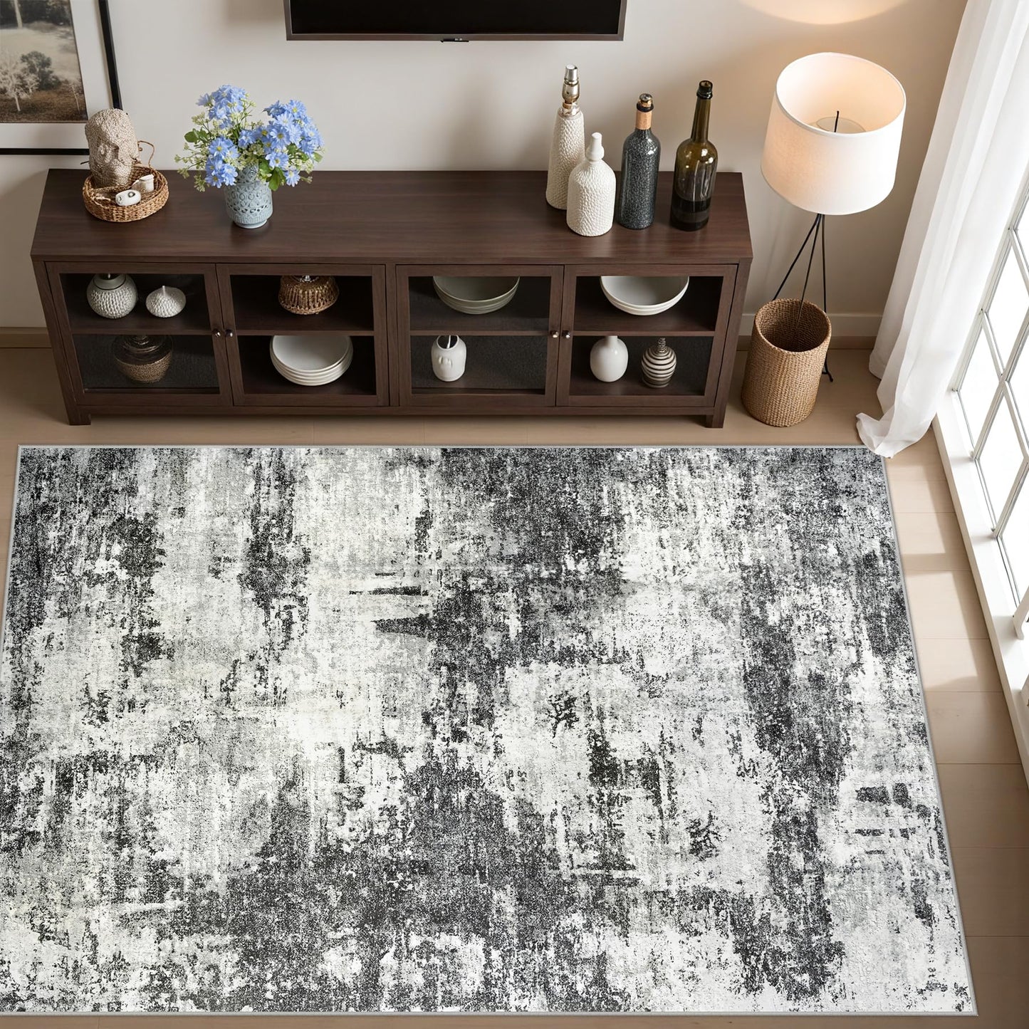 Area Rug Living Room Rugs: 5x7 Washable Rug with Anti-Slip Backing Non-Shedding Stain-Resistant Foldable Modern Abstract Carpet for Bedroom Dining Room Nursery Home Office - Black