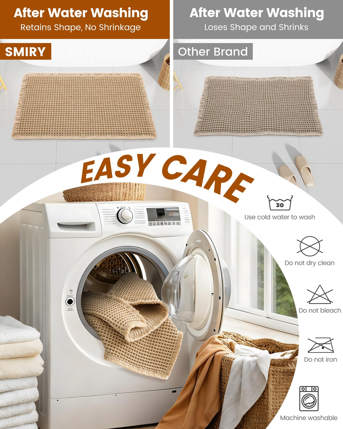 Smiry Waffle Bath Mat 72x24, Extra Soft Absorbent Bathroom Rugs, Non Slip Machine Washable Quick Dry Bath Rugs for Bathroom Floor, Tub, Shower, Home Decor Accessories, Brown