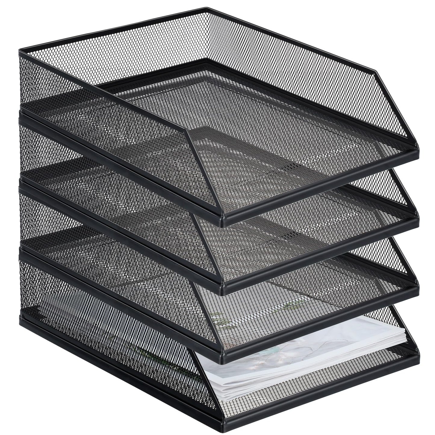 Hicarer 4 Pcs Black Metal Letter Tray Stackable Desk Tray Single Wire Mesh Organizer Front Load File Paper Holder for Desktop Office Home School Classroom (12.8 x 9.84 Inch)