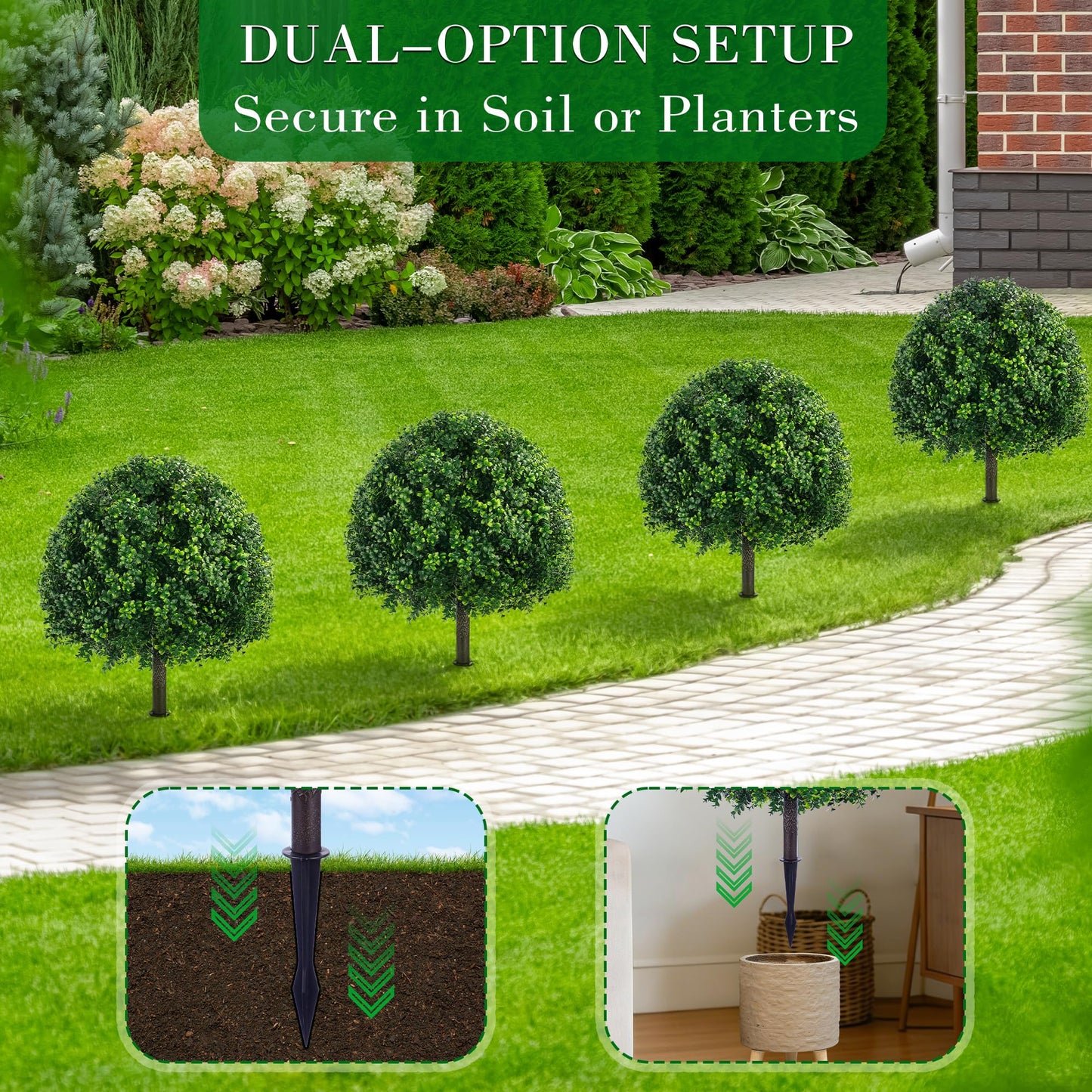 FONYICK 24.8 Inch Artificial Boxwood Trees, 2 Sets Faux Boxwood Topiary with Spikes, Pot Filler Fake Shrubs Plants for Outdoor PlantersFront Porch Decor Round Topiary Bush Balls Home Garden Spring