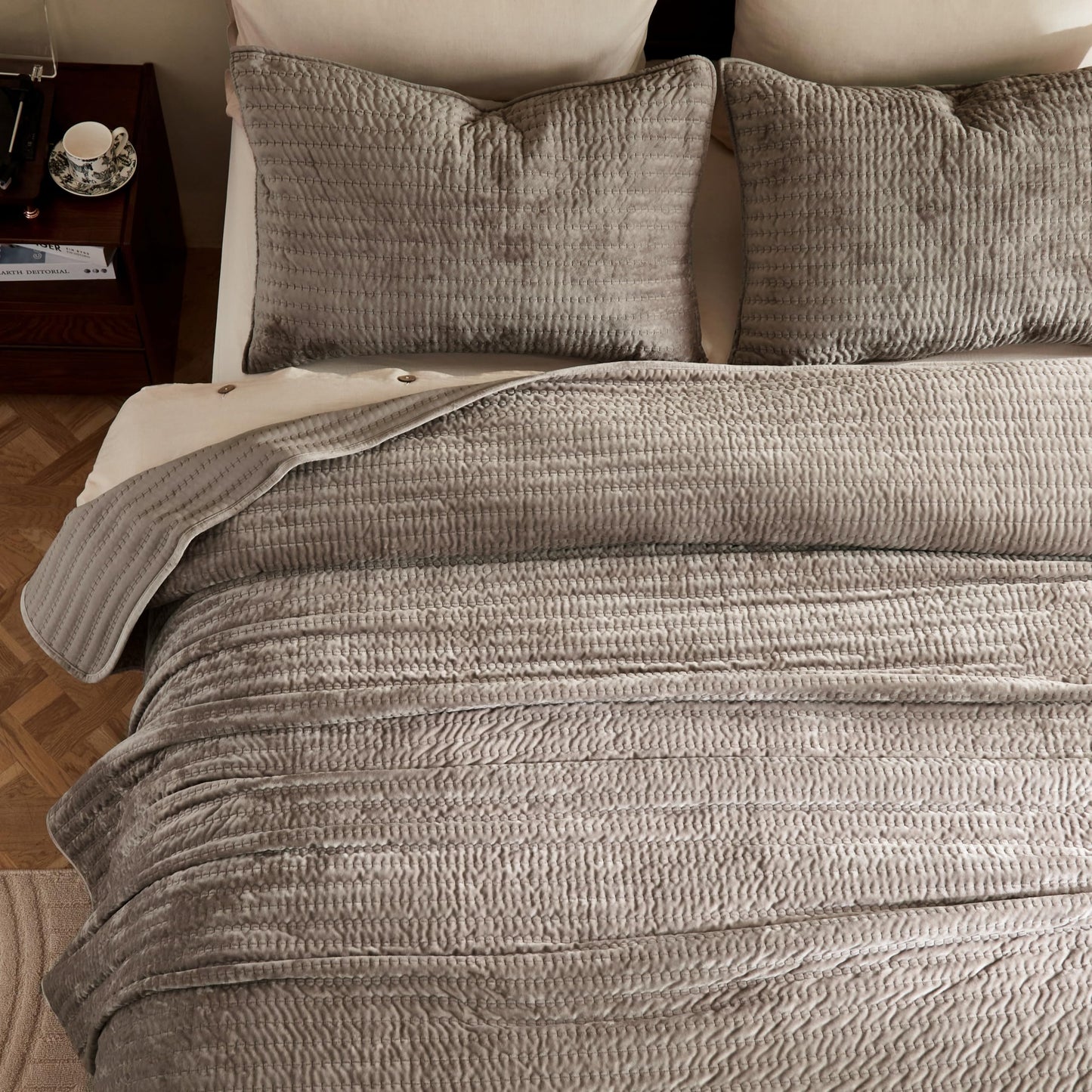 WDCOZY Velvet King Size Quilt Set - Brown Taupe Tan Camel Striped Pick Stitch Soft Lightweight Bedspread, Channel Farmhouse Country Rustic Coverlet, Modern Bedding Warm Thin Comforter, 3 Pieces
