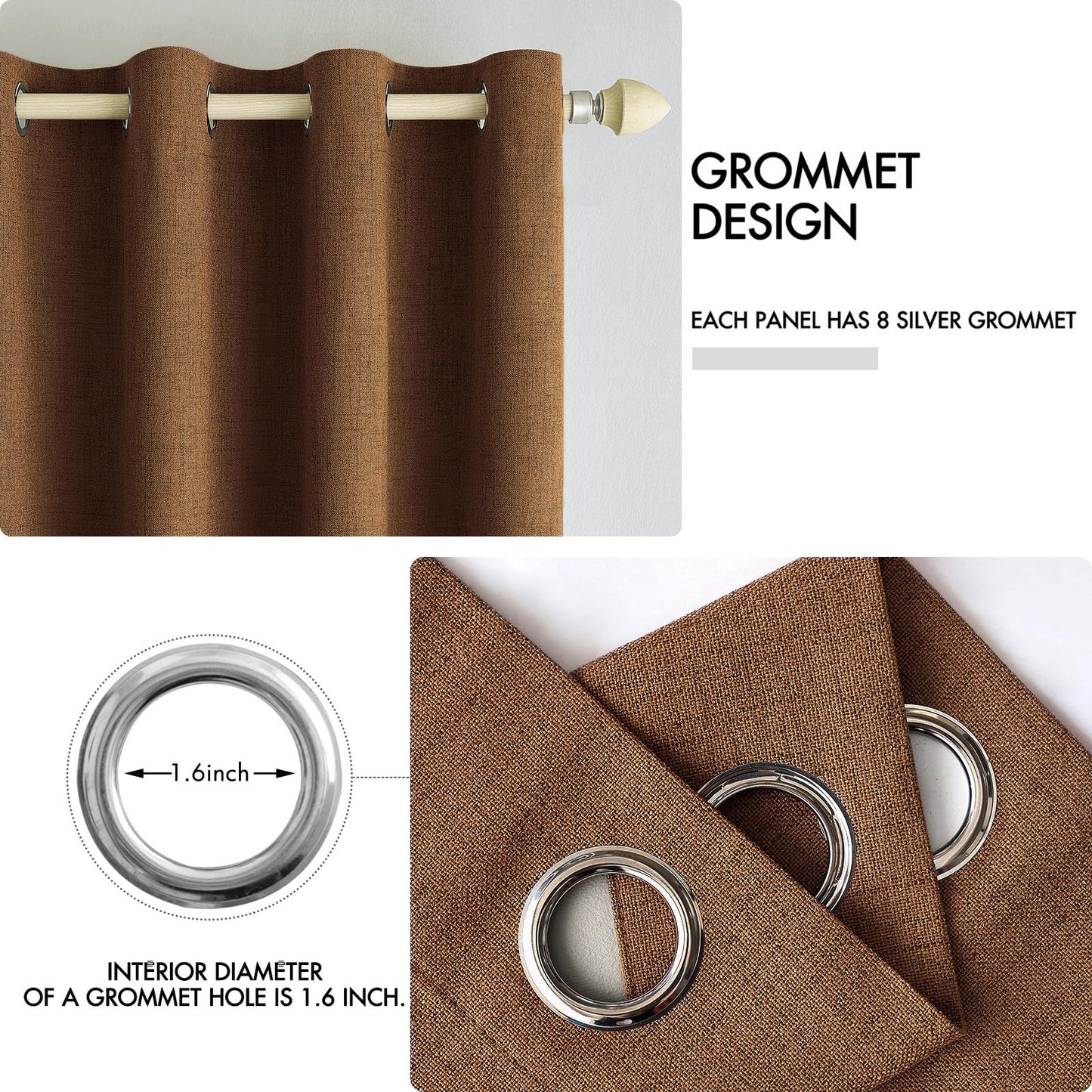 MIULEE 100% Blackout Linen Curtains for Bedroom Thermal Insulated Brown Grommet Room Darkening Curtains & Drapes Fall Decor for Living Room Nursery 52 x 84 Inch (2 Panels)