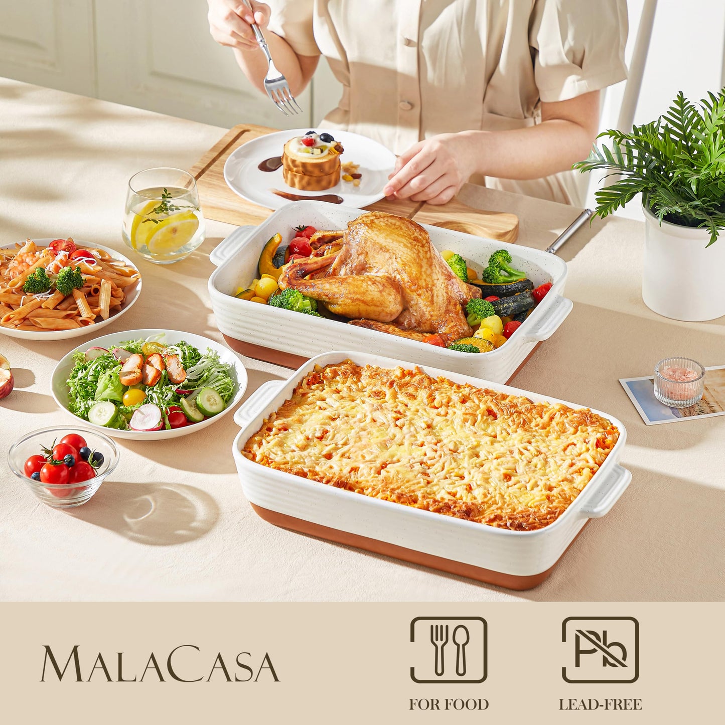MALACASA Baking Dish 4.8 Qt Ceramic Casserole & Lasagna Pan, 9x13 Inch Deep Rectangular Oven Safe Dish with Handles for Baking, Roasting, Serving (Khaki & White) - Series Tara