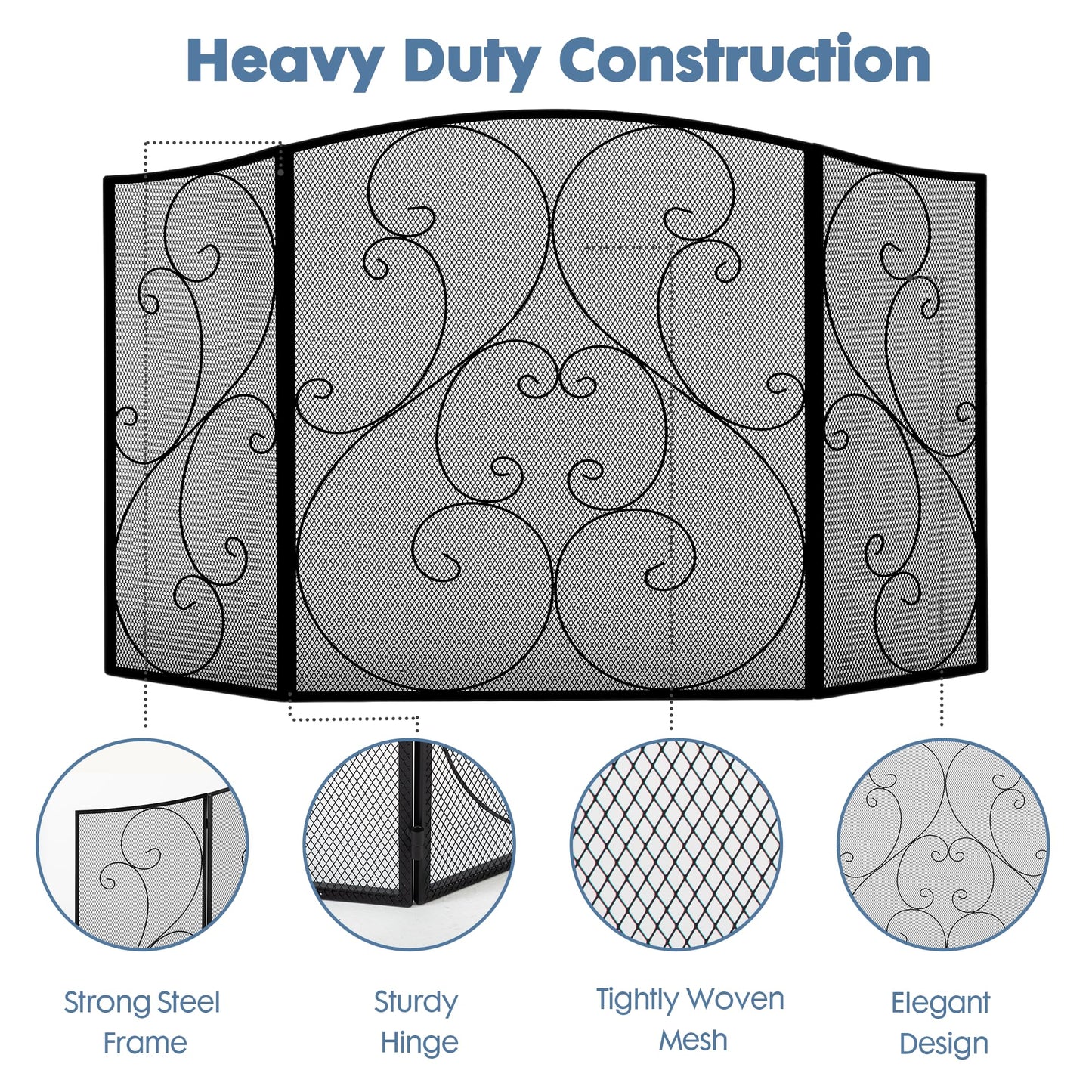 DUMOS 3 Panel Fireplace Screen with Hinged Doors, 51.2"(L) x 30.7"(H) Spark Guard Cover, Wrought Iron Metal Safety Gate for Fireplace and Living Room, Black