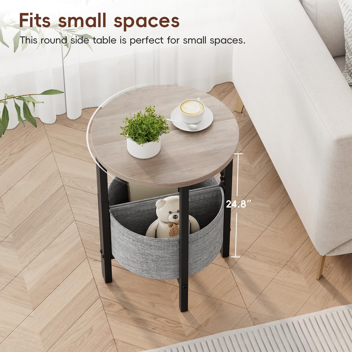 Vagusicc Small Round Side Table End Table, Tall Accent Table with Storage Basket, Set of 2 Half Round Tables Half Moon Tables, Coffee Bedside Tables, Modern Nightstand for Living Room Bedroom, Gray