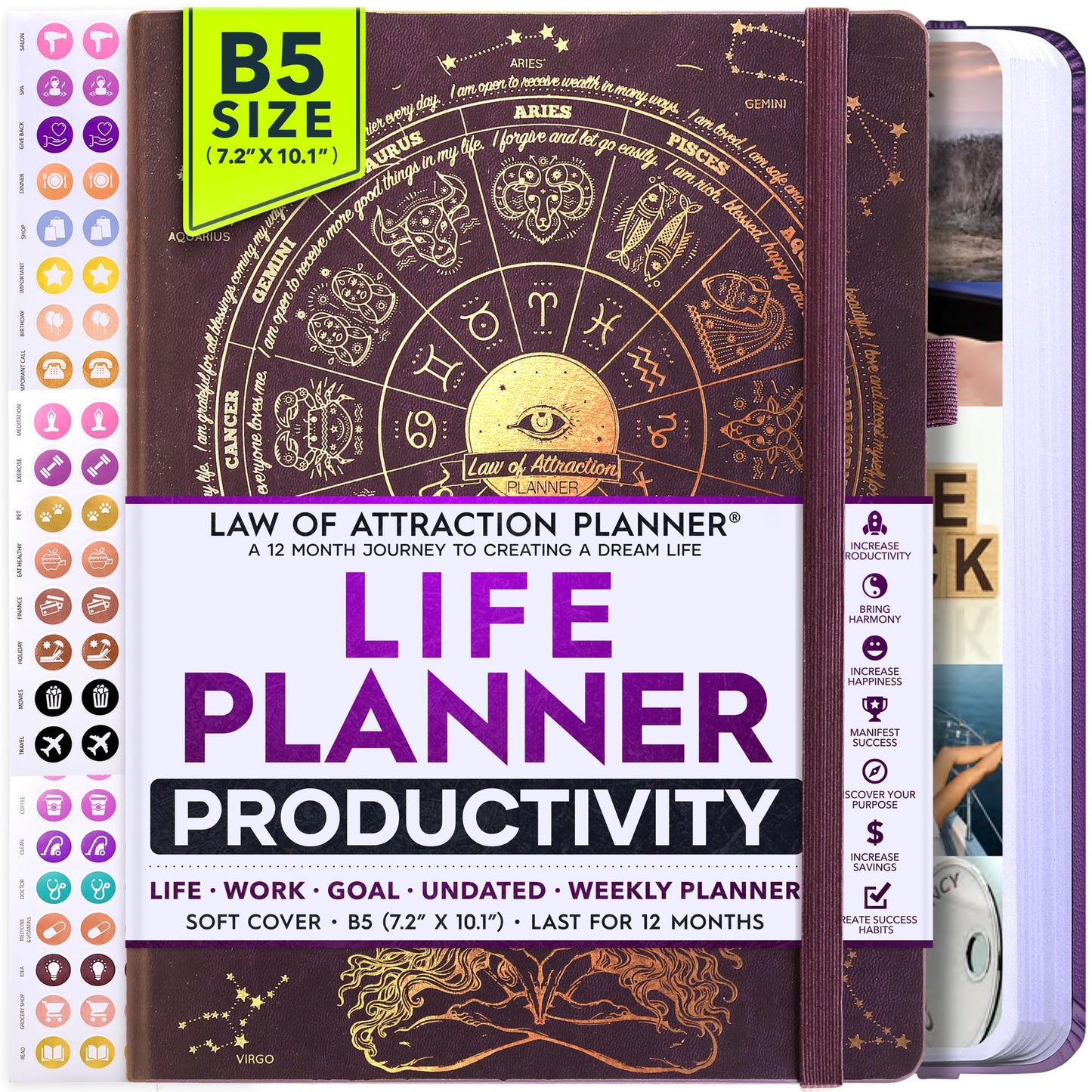 Deluxe Weekly and Monthly Planner | Law of Attraction Planner with Productivity App | 12-Month for Productivity, Gratitude & Goal Setting | Includes Foldable Vision Board, Gift Box & Stickers