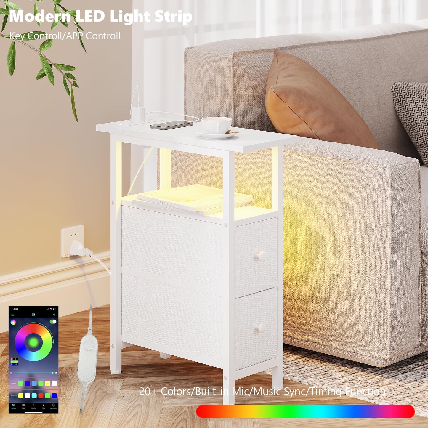 TRIFEBLE End Table with Charging Station, Narrow Side Table with 2 Fabric Drawers, Skinny Nightstand with LED Light, Slim Bedside Table for Bedroom, Living Room, Small Spaces, White