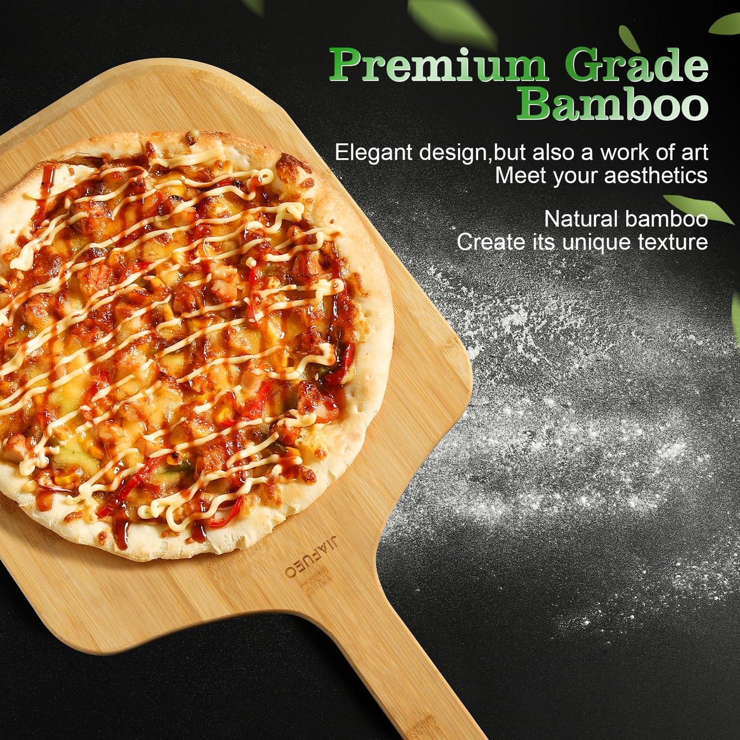 JIAFUEO Pizza Peel 14 Inch, Large Bamboo Pizza Paddle Spatula - Wooden Serving Board, Oven Accessory for Baking Homemade, Wood Cutting Board for Cheese Bread Fruit Vegetables