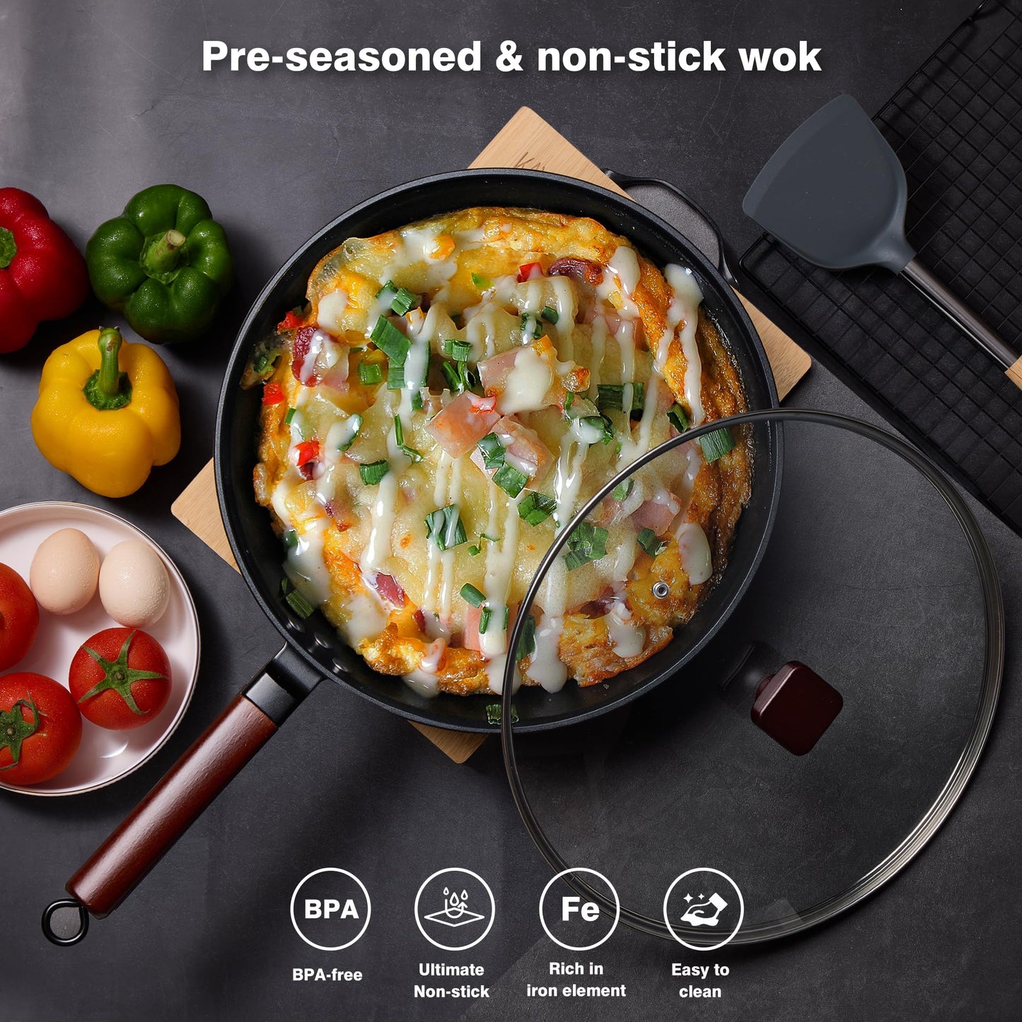Teewe Carbon Steel Wok -13 Inch Woks & Stir-fry Pans Nonstick, Wok Pan with Glass Lid Spatula and Dish Brush: Pre-Seasoned Flat Bottom Chinese Wok for Induction, Electric, Gas, All Stoves