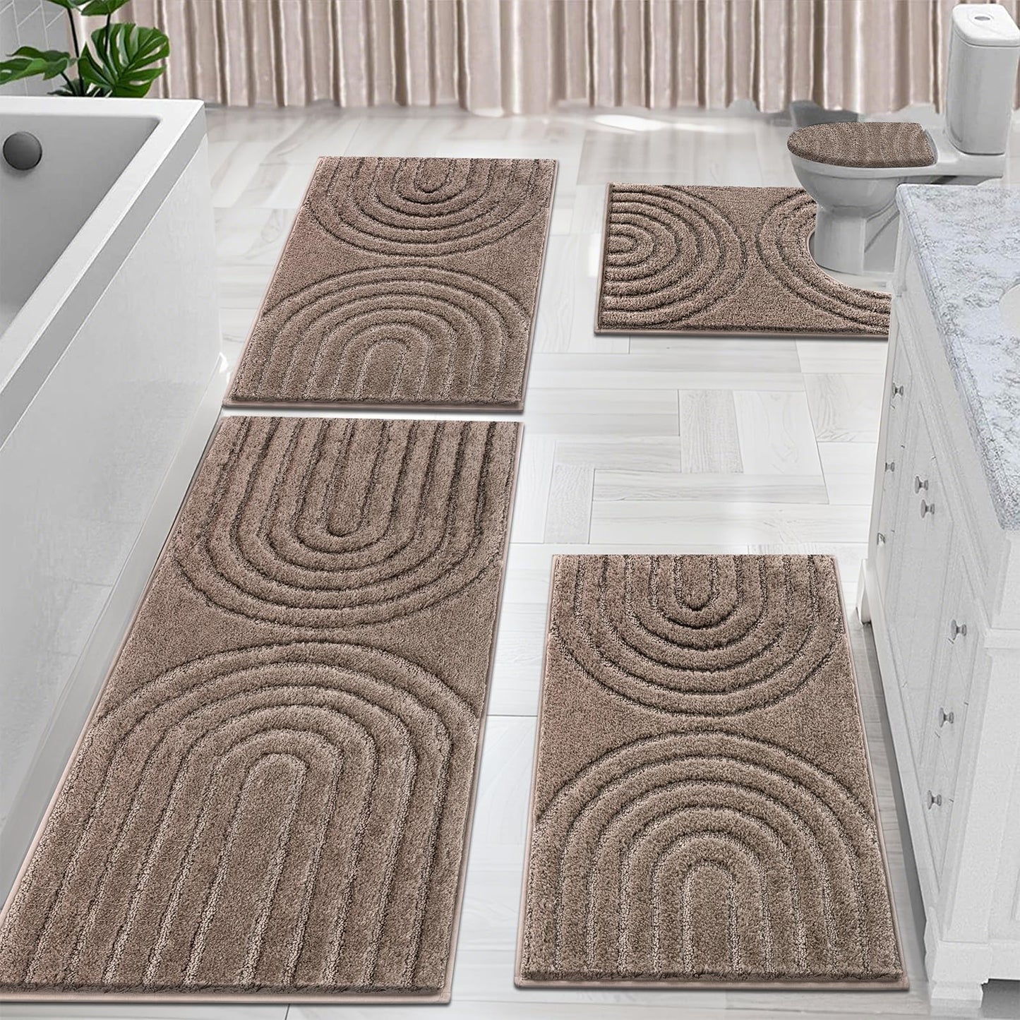 HEBE Bathroom Rugs Set 5 Piece, Plush Absorbent Bath Mats for Bathroom, Non Slip Machine Washable Bath Mat Set with Toilet Cover, Bath Runner and U-Shaped Contour Toilet Rug, Coffee