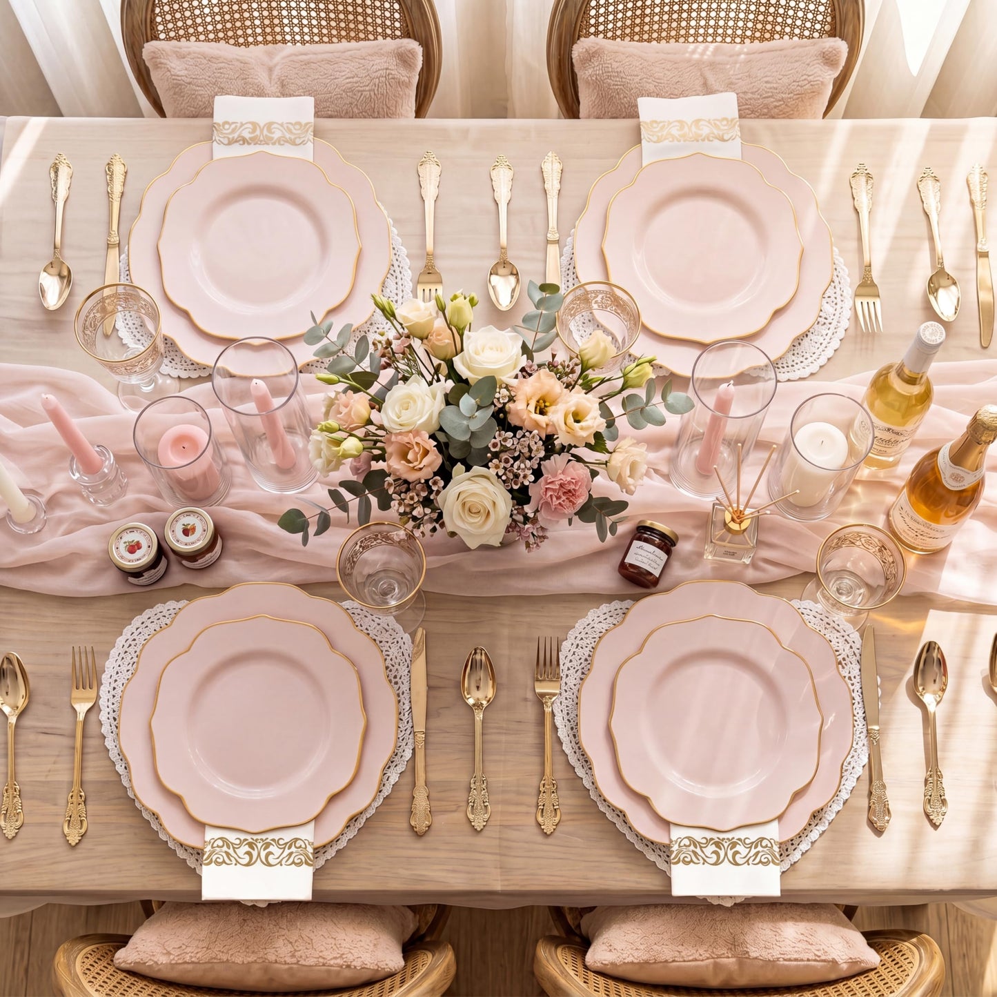NOCCUR 175PCS Pink Plates with Gold Disposable Silverware - Include 50 Pink Plastic Plates,25 Knives,25 Forks,25 Spoons,25 Cups and 25 Napkins - Ideal for Party/Wedding/Banquet/Baby Shower