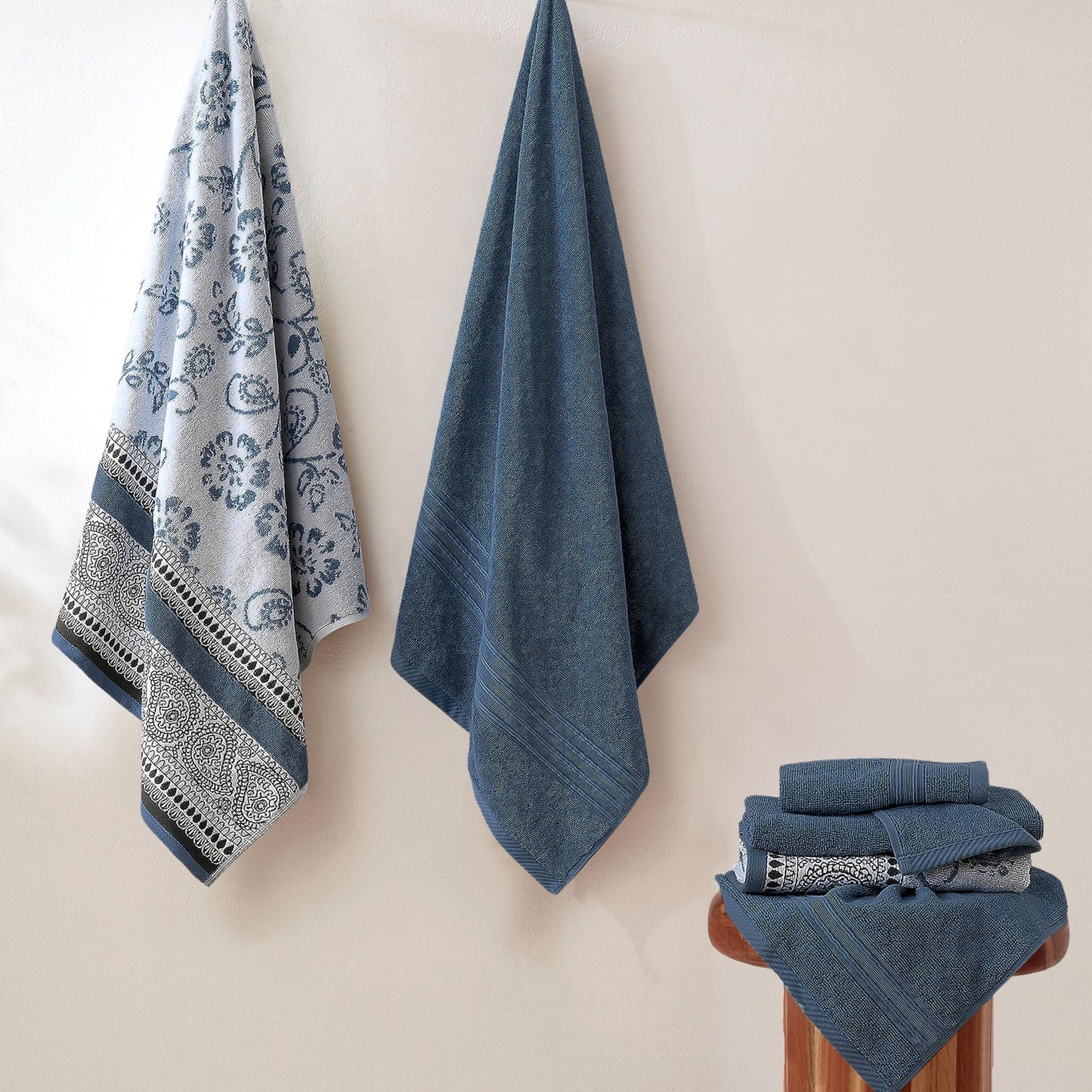 Modern Threads Floral Trail 6-Piece 100% Cotton Towel Set – Reversible Yarn Dyed Jacquard - Includes 2 Bath Towels, 2 Hand Towels, 2 Washcloths – Absorbent, Quick Dry, Soft & Durable – Navy