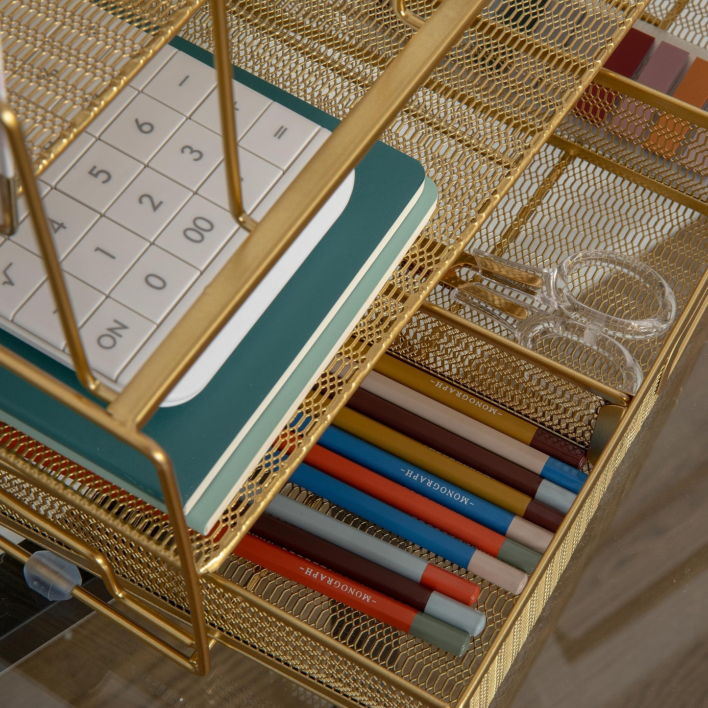 Martha Stewart Ryder Gold Mesh Metal Large Desktop Organizer With Paper File Letter Holder Organizer and Drawer