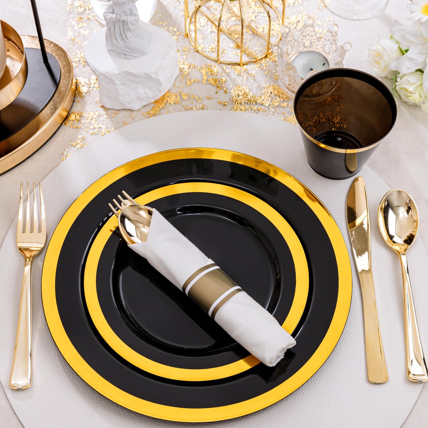 YOUBET 350PCS Black and Gold Plastic Plates - Gold Disposable Dinnerware Sets for 50 Guests - 100 Plastic Plates, 150 Gold Silverware, 50 Cups, 50 Pre Rolled Napkins for Party & Wedding Graduation