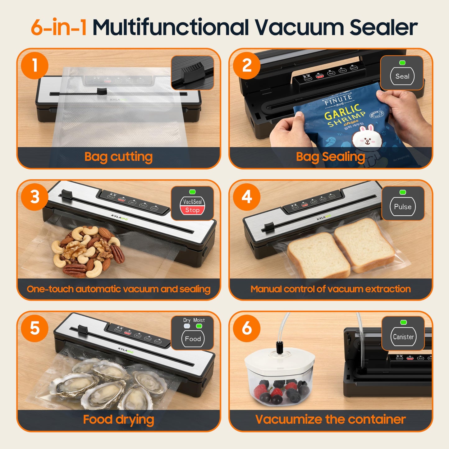 Food Vacuum Sealer Machine 80KPA Powerful Suction 6-in-1 Multifunctional Fast Compact Vacuum Sealer for Kitchen Storage with Dry/Moist Modes & Tube Accessories, Built-in Cutter + Bags