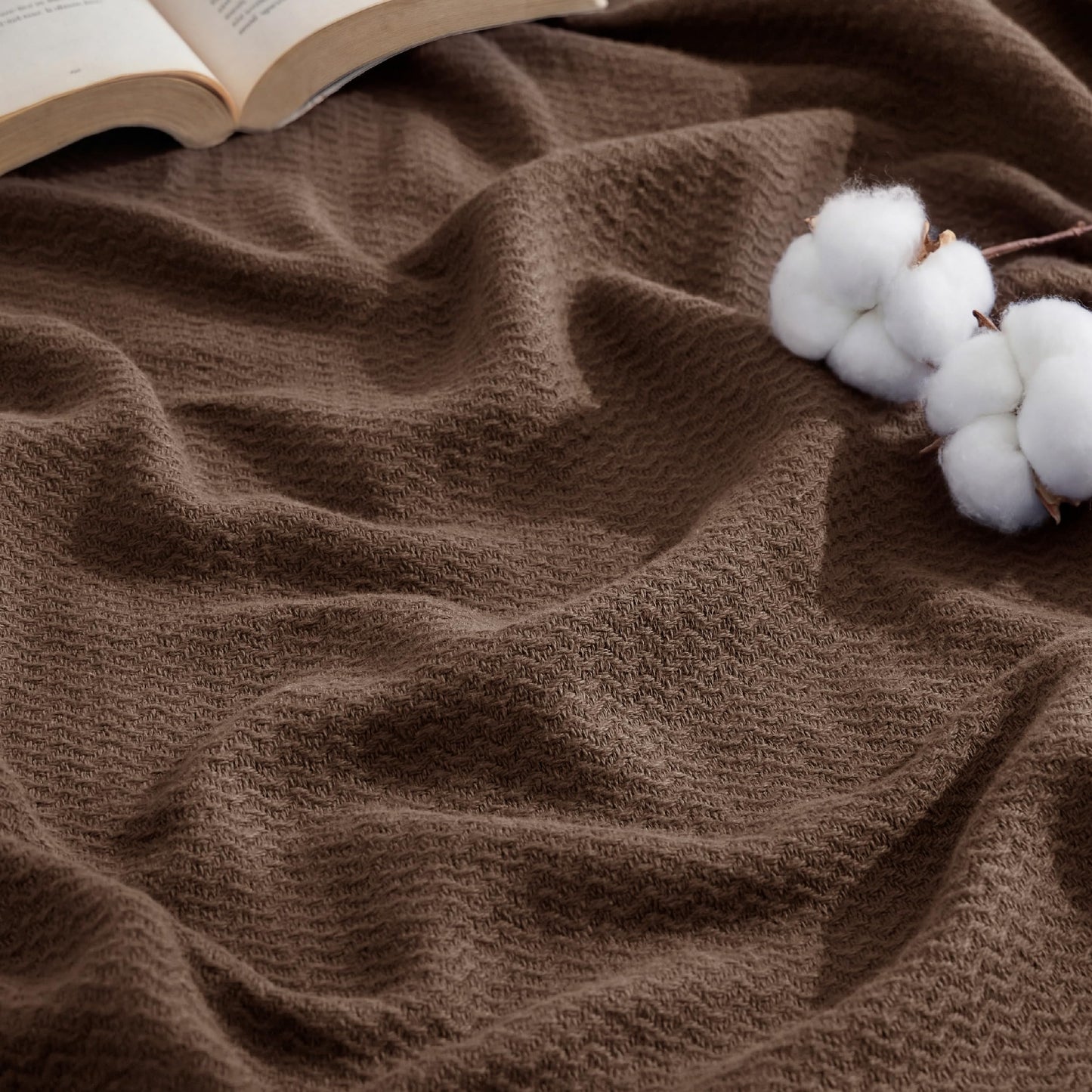 Bedsure GentleSoft 100% Cotton Blanket King Size for Bed - Breathable and Lightweight, Soft Cozy Textured Herringbone Woven Blanket for Summer, Brown, 108x90 inches