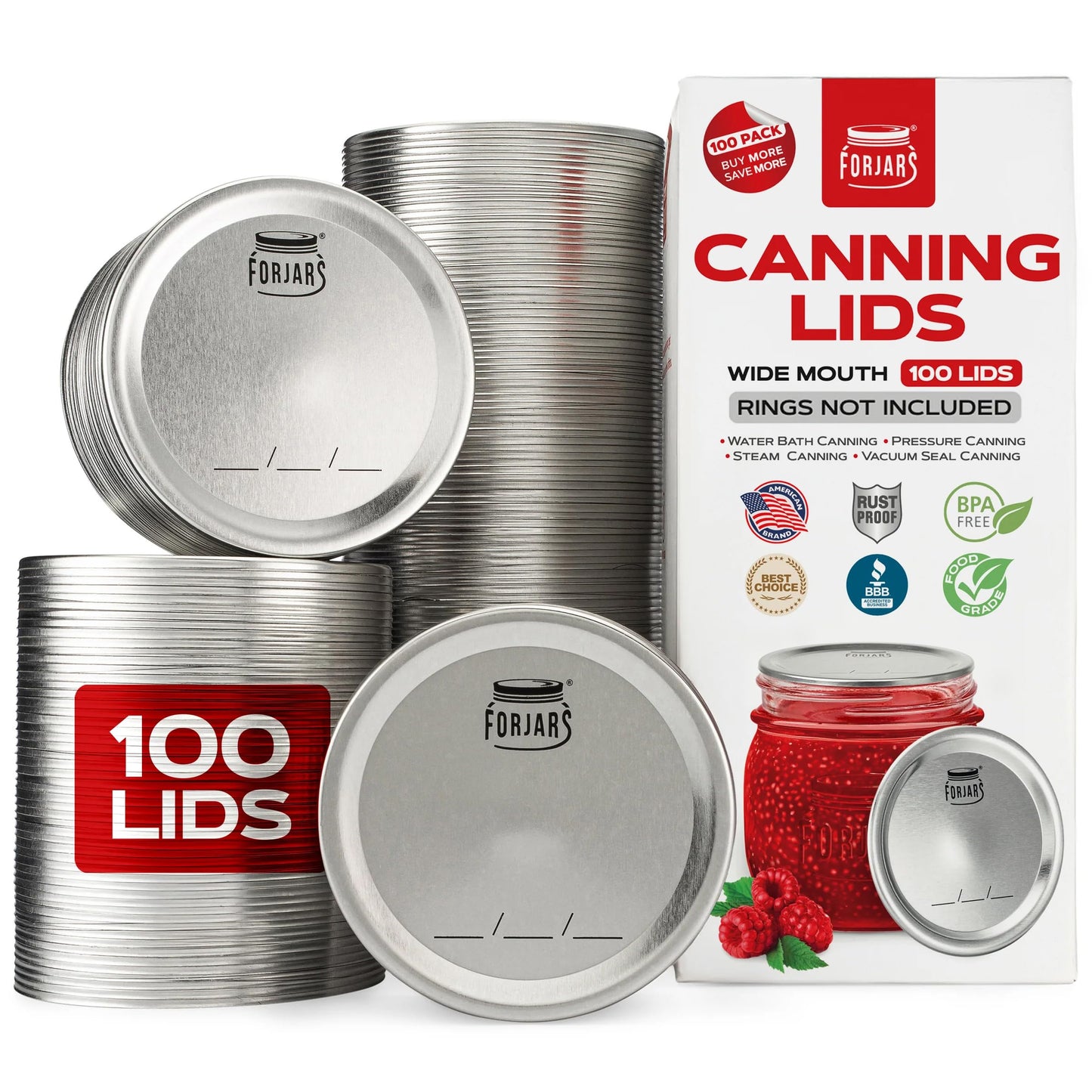 FORJARS - Wide Mouth Canning Lids, 100-Pack – Create Airtight Seals on Mason Jars to Preserve Food for Meal Prep & Emergency Food Storage – 3.4 In. Metal Lids with Silicone Seals – Canning Supplies