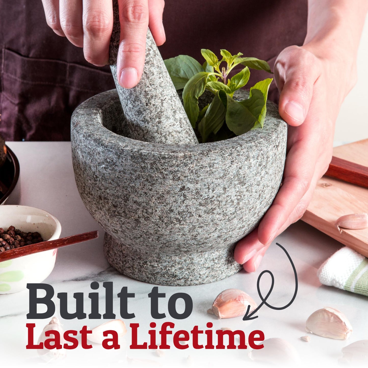 PriorityChef Mortar and Pestle Set, Heavy Duty Natural Granite, Make Fresh Guacamole at Home, Solid Stone Grinder Bowl, Herb Crusher, Spice Grinder, 1.5 Cup Size, Unpolished Grey