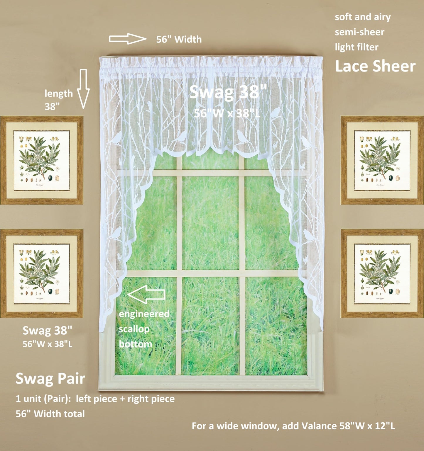 Today's Curtain, Songbird Semi-Sheer Lace Swag 38", White, 56" W x 38" L