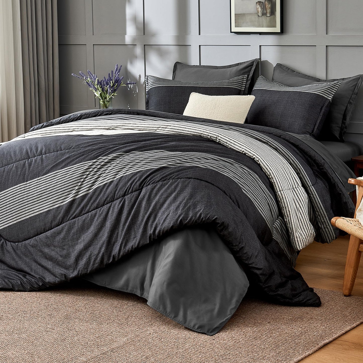 Andency Queen Comforter Set 7 Pieces Bed in a Bag - Black White Grey Striped Lightweight Soft All Season Queen Size Bedding Set with Comforter, Fitted & Flat Sheet, Pillowcases & Shams