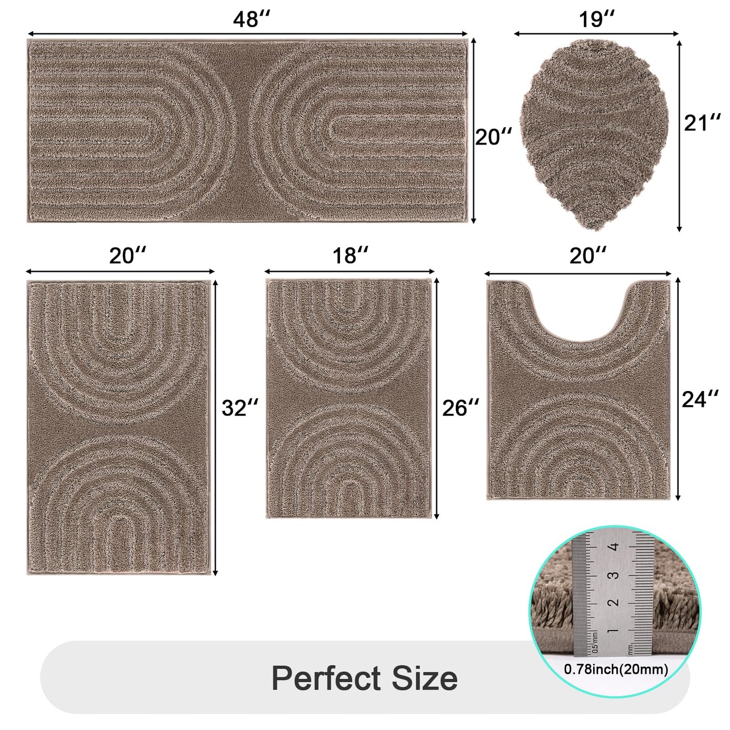 HEBE Bathroom Rugs Set 5 Piece, Plush Absorbent Bath Mats for Bathroom, Non Slip Machine Washable Bath Mat Set with Toilet Cover, Bath Runner and U-Shaped Contour Toilet Rug, Coffee
