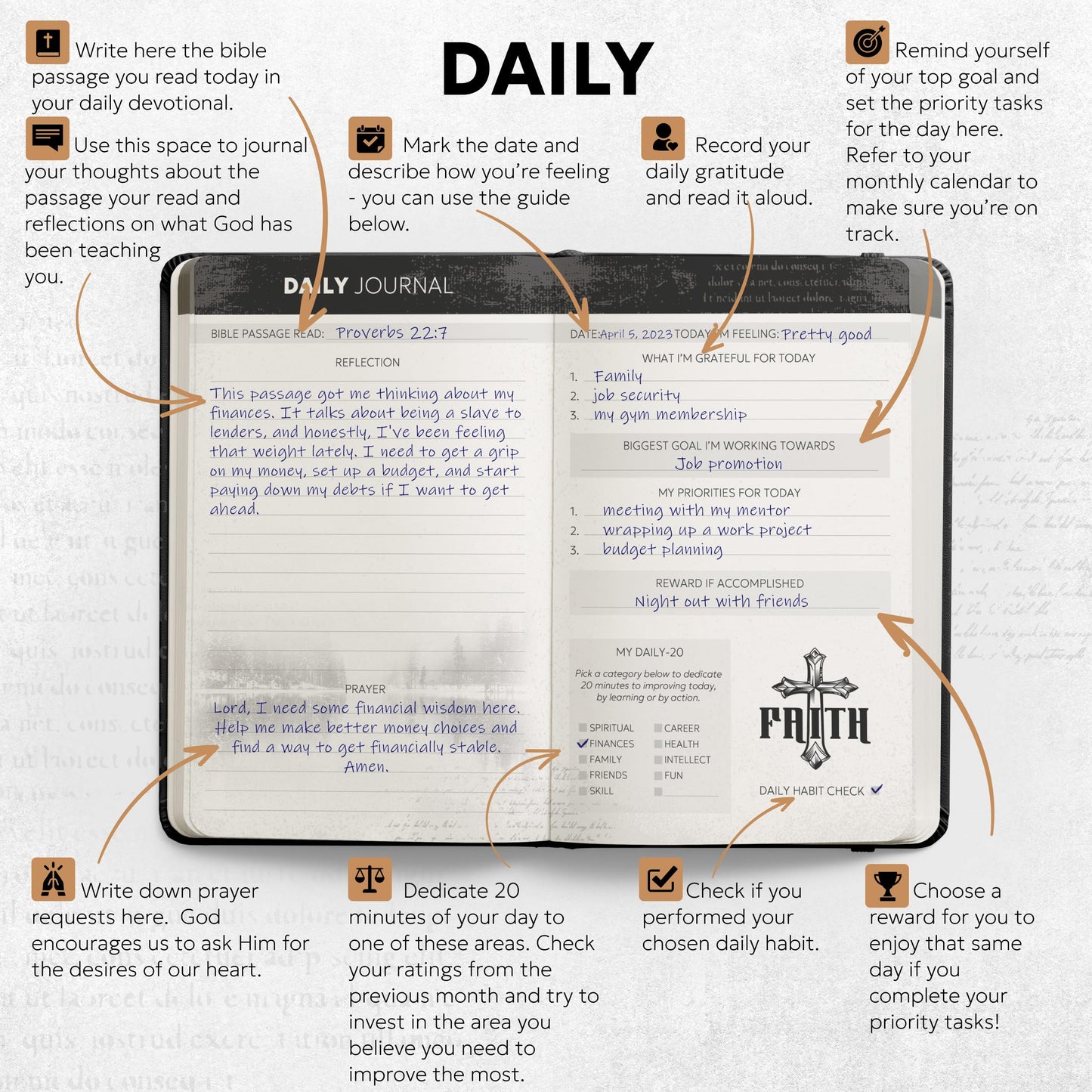 Prazoli Christian Bible Prayer Journal For MEN 9-Month Refill - Study Scripture Notebook & Planner Daily Devotional Undated | Religious Jesus Faith Gifts for Graduation, Pastor Baptism & Church