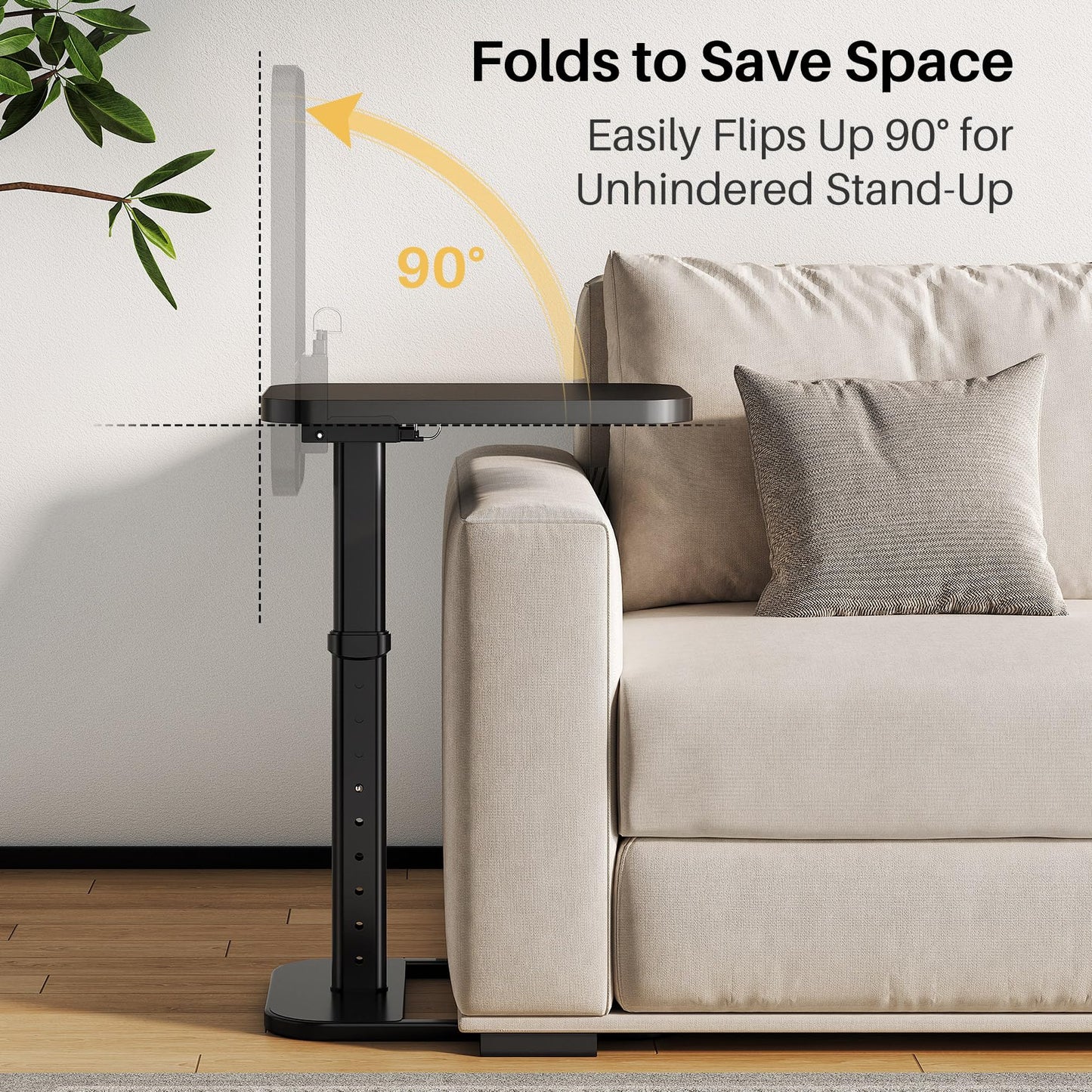 Branwick Adjustable Height TV Tray Table with Bumper Rounded Corner Design & Flip-top Side Table for Bedroom, Living Room, Bathroom and Study, End Table for Eating, Dinner or Laptop, Black