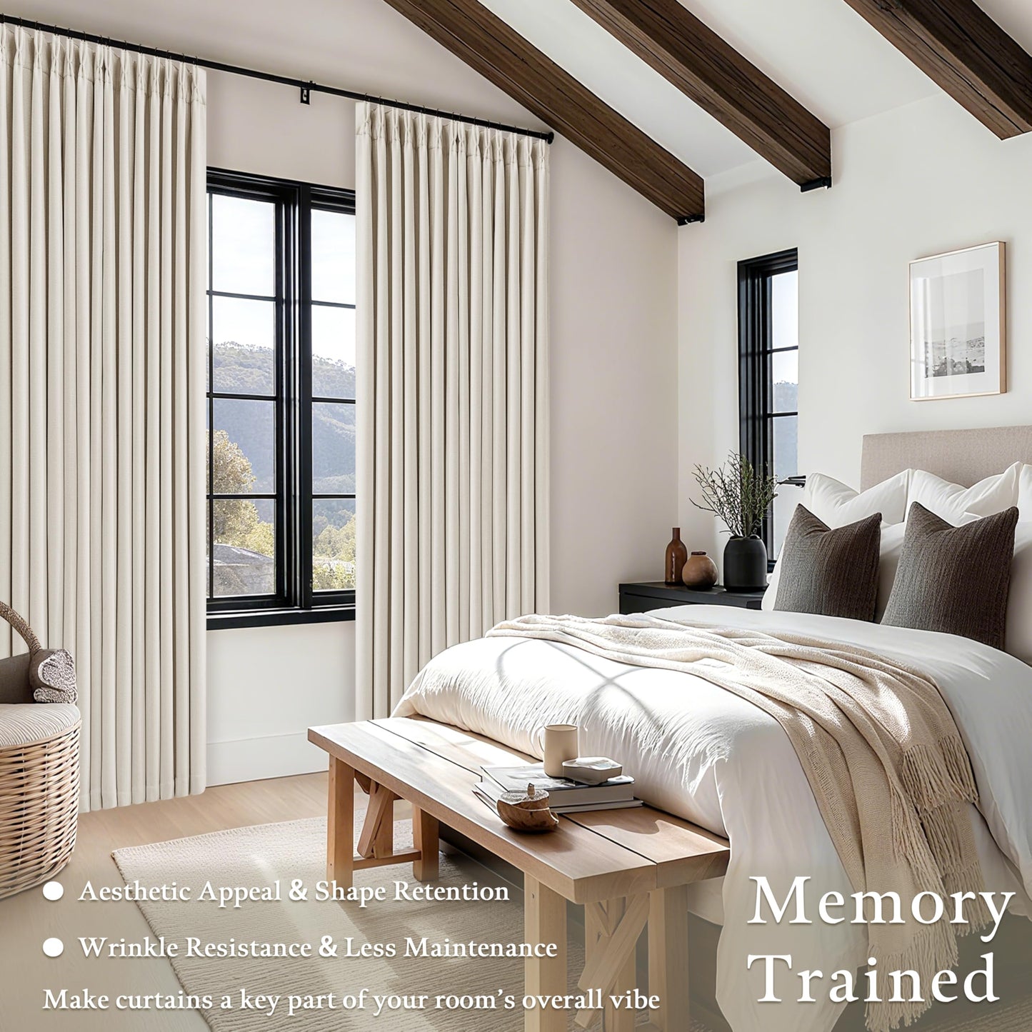 90 Inch Pinch Pleated Blackout Linen Curtains for Bedroom 2 Panels Memory Trained 100% Black Out Soundproof Room Darkening Natural Cream Ivory Birch Window Curtains Double Layer Pinch Pleat Drapes