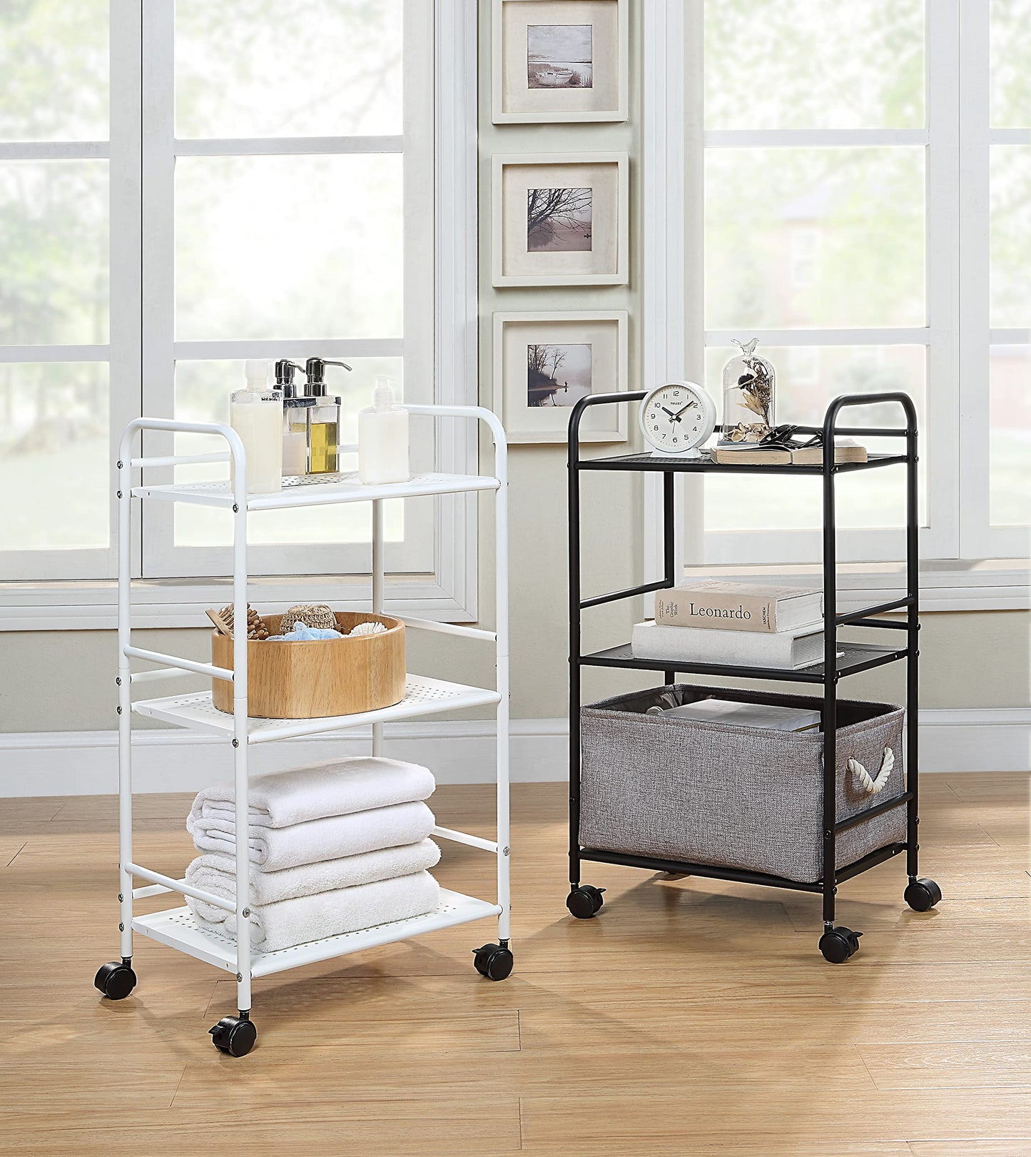 SunnyPoint 3-Tier Rolling Utility Cart – Metal Storage Organizer with Wheels, Mobile Kitchen Cart, Office & Home Organizer, White, 12" D x 16.92" W x 31.1" H
