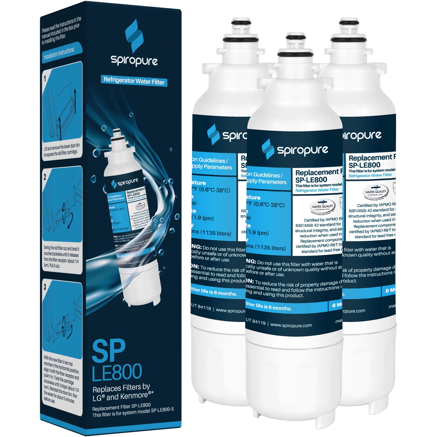 SpiroPure SP-LE800 NSF Certified Refrigerator Water Filter Replacement for LT800P, 9490, ADQ73613401S, ADQ73613402, 46-9490 (3 Pack)