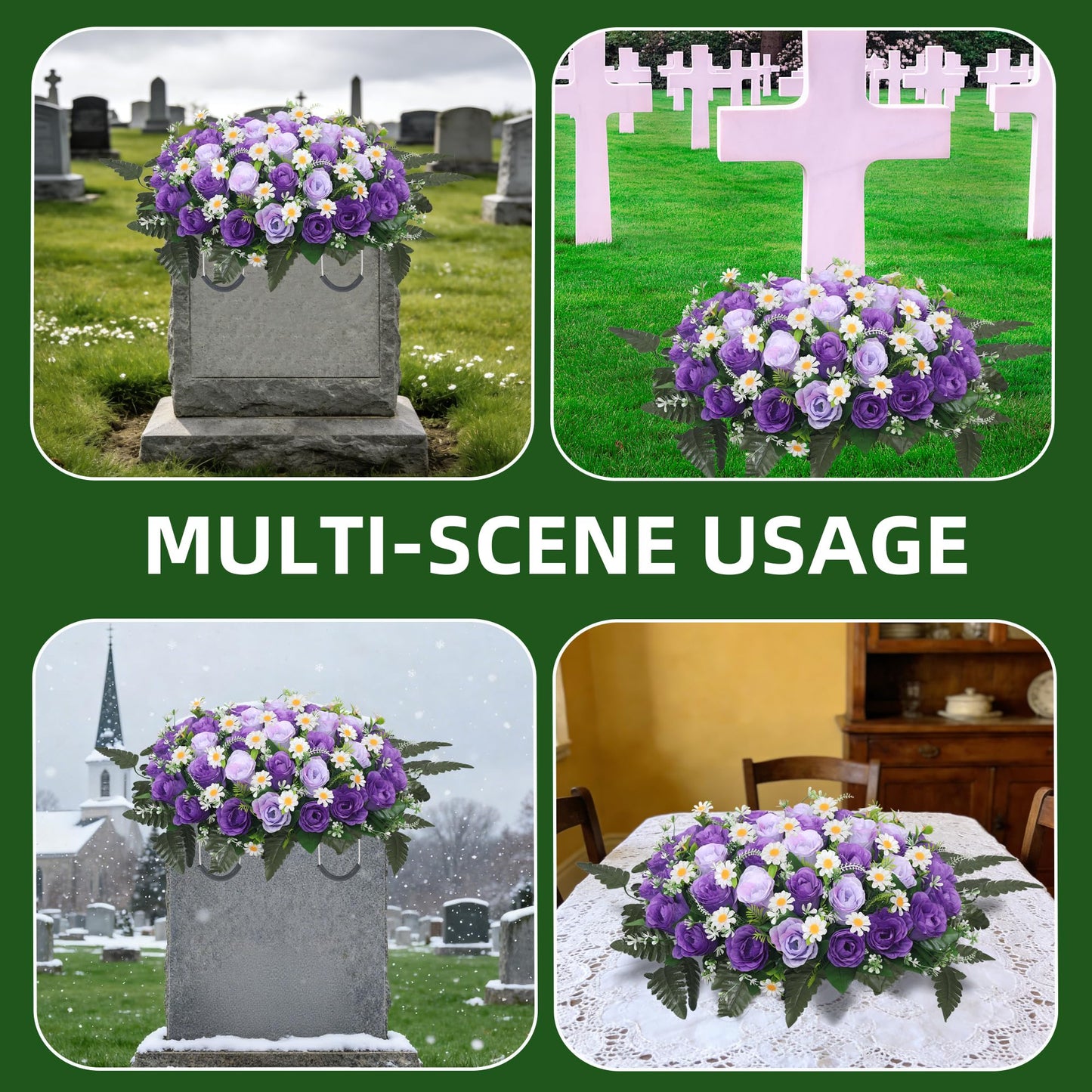 Wocst Headstone Flower Saddle,Large Artificial Cemetery Flowers for Grave Artificial Roses Daisy Saddle for Cemetery Headstone (Purple)