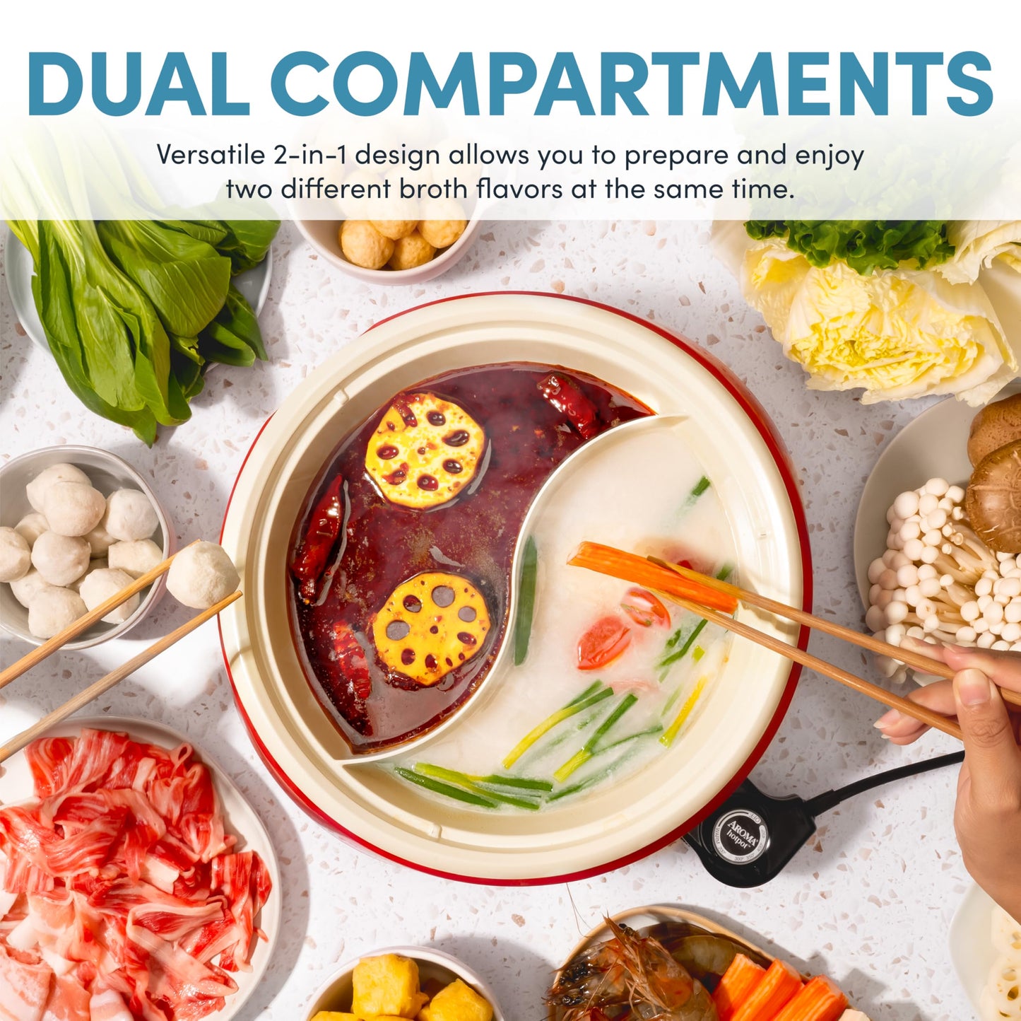 AROMA® Divided Electric Shabu Shabu Hot Pot with PFAS-Free Ceramic-Coated Pot (2.5 Quarts)