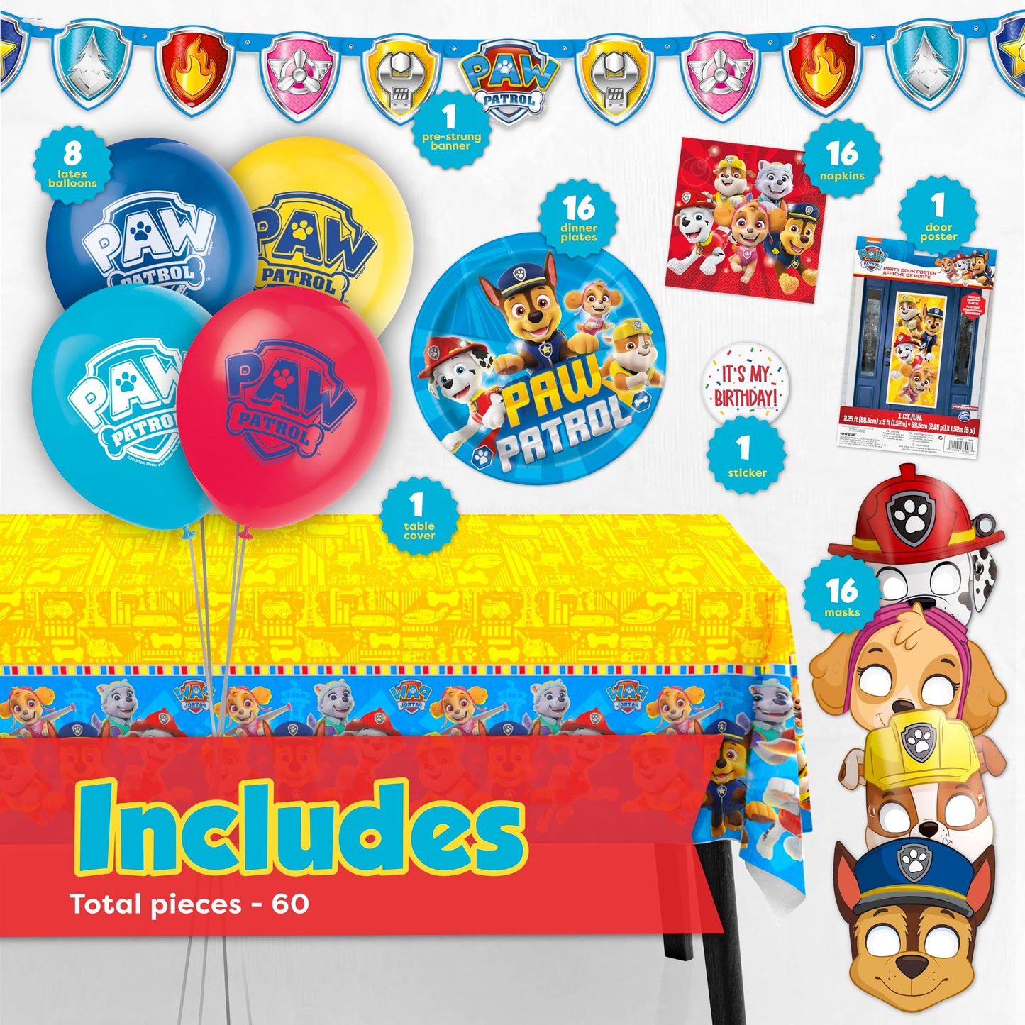 Paw Patrol Birthday Decorations | Serves 16 | Door Poster, Banner, Balloons, Tablecloth, Plates and Napkins, Character Masks, Sticker | Paw Patrol Party Decorations