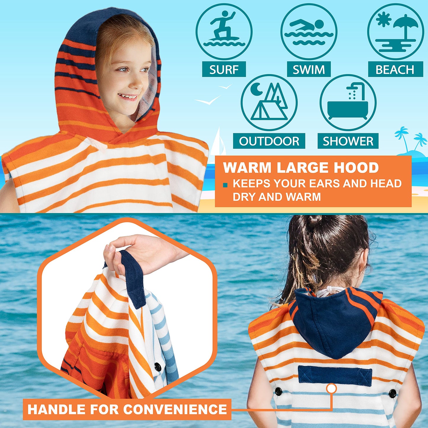 SUN CUBE Kids Changing Robe Surf Poncho, Kids Beach Towels, Hooded Towel for Teens Bath Pool, Microfiber Quick Dry Wearable Towel Poncho with Hood, Swim Towel for Girls 8-12 Years, Orange Stripe