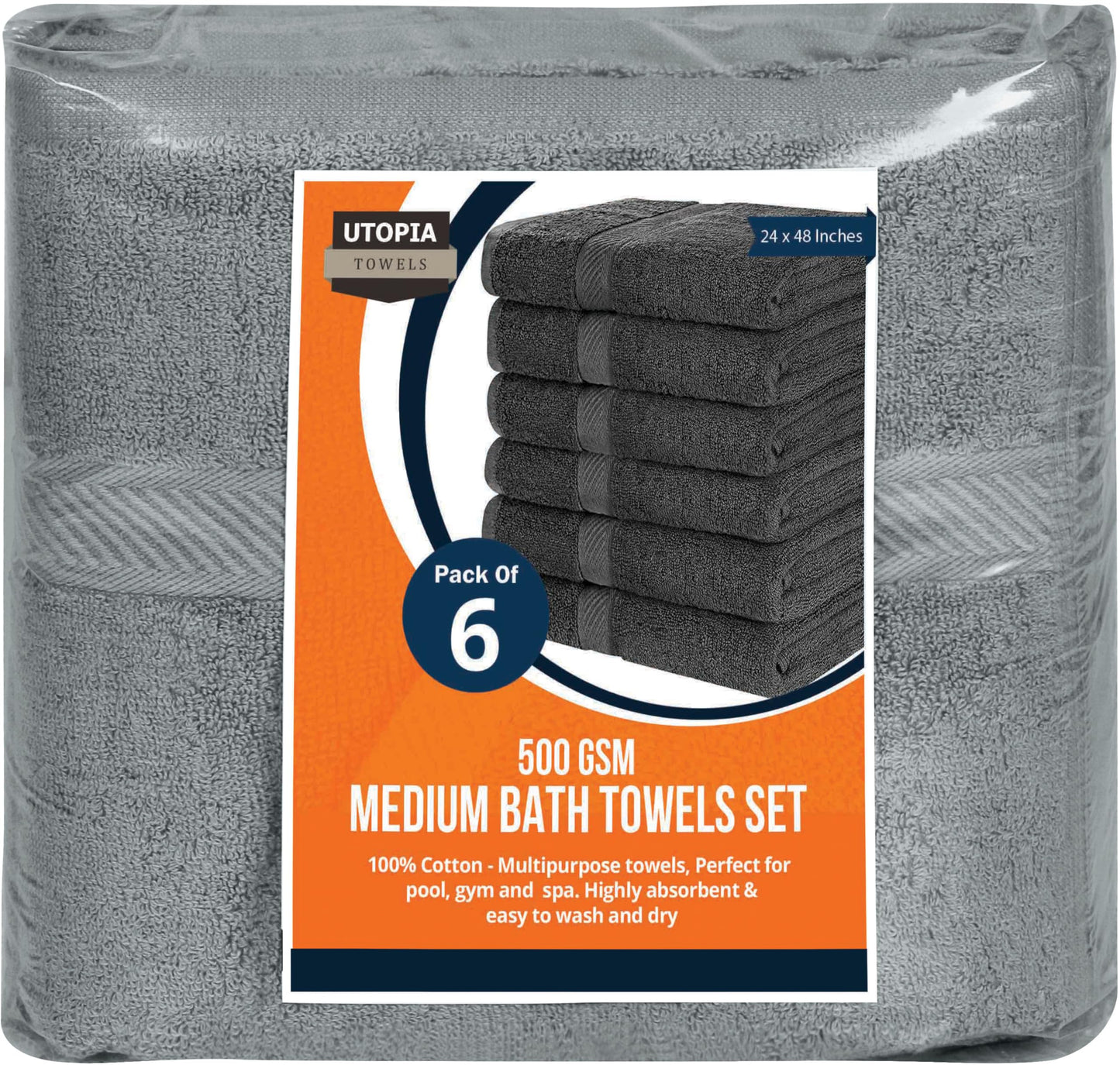 Utopia Towels 6 Pack Medium Bath Towel Set, 24 by 48 Inches, 500 GSM 100% Ring Spun Cotton, Lightweight and Highly Absorbent Quick Drying Premium Towels for Hotel, Spa and Bathroom, Cool Grey