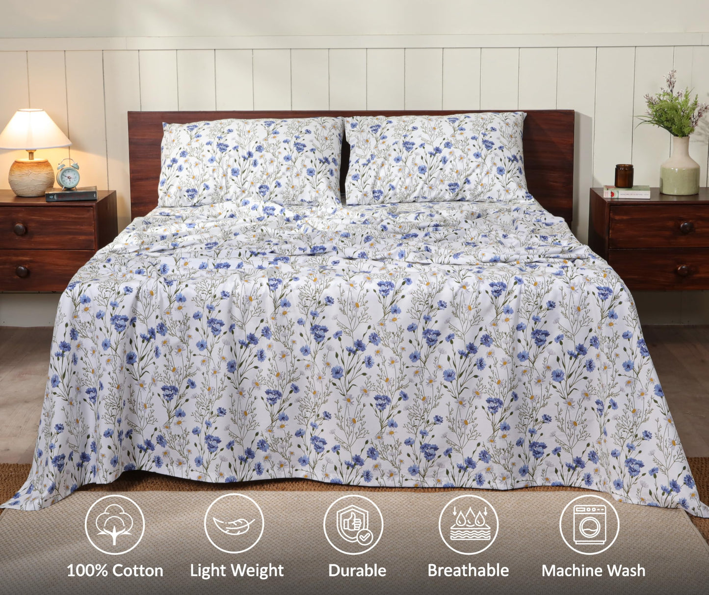 RUVANTI 100% Cotton Percale Sheets Queen Size – Crisp Cooling Bed Sheets for Hot Sleepers, Deep Pocket 16”, Soft Breathable & Durable Hotel-Style 4 Piece Set, Sweet Pea
