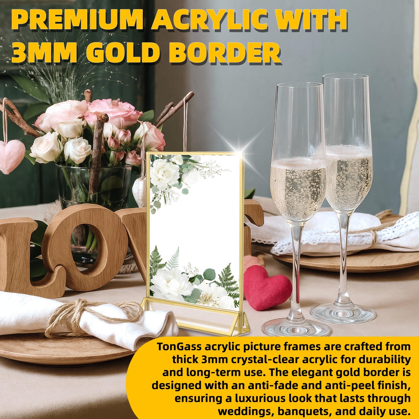 TonGass 24-Pack 4"x6" Gold Acrylic Picture Frames – 3mm Gold Border Wedding Table Number Holders, Clear Double-Sided Acrylic Sign Holders for Weddings, Banquets, Parties, Centerpieces
