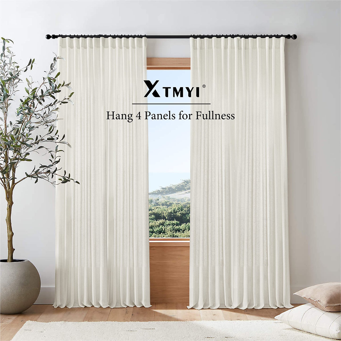 XTMYI 108 Inch Linen Curtains, Extra Long Ceiling Curtain for Track System with Hooks, Sheer Light Filitering 9FT 9 FT Curtains for Living Room Bedroom, Set of 2 Panel, Cream