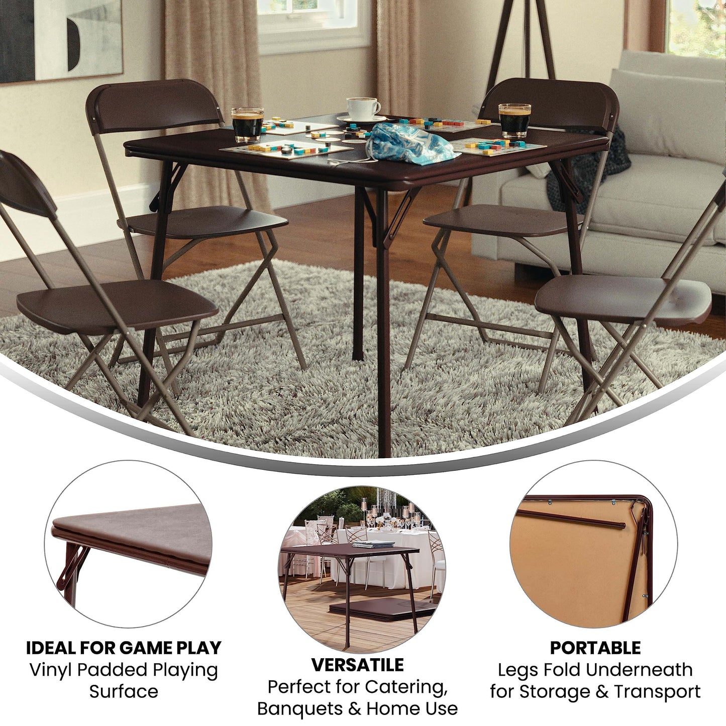 Flash Furniture Madelyn 33.5" Square Folding Multipurpose Card Table with Padded Vinyl Top, Portable Folding Game Table for 4 Players, Brown