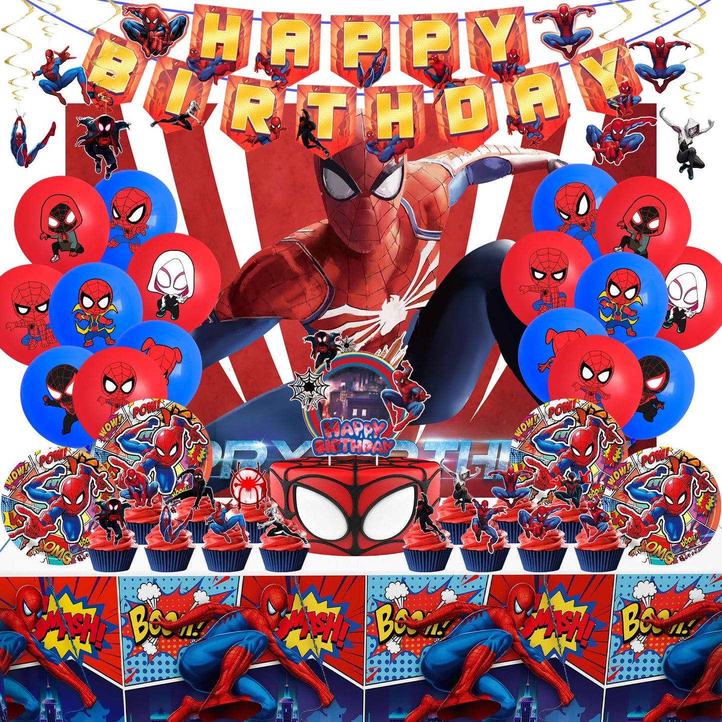 Birthday Party Supplies,Party Decorations Include Happy Birthday Banner,Backdrop,Tablecover,Cake Toppers,Cups,Plates,Spiral Charms,Latex Balloons