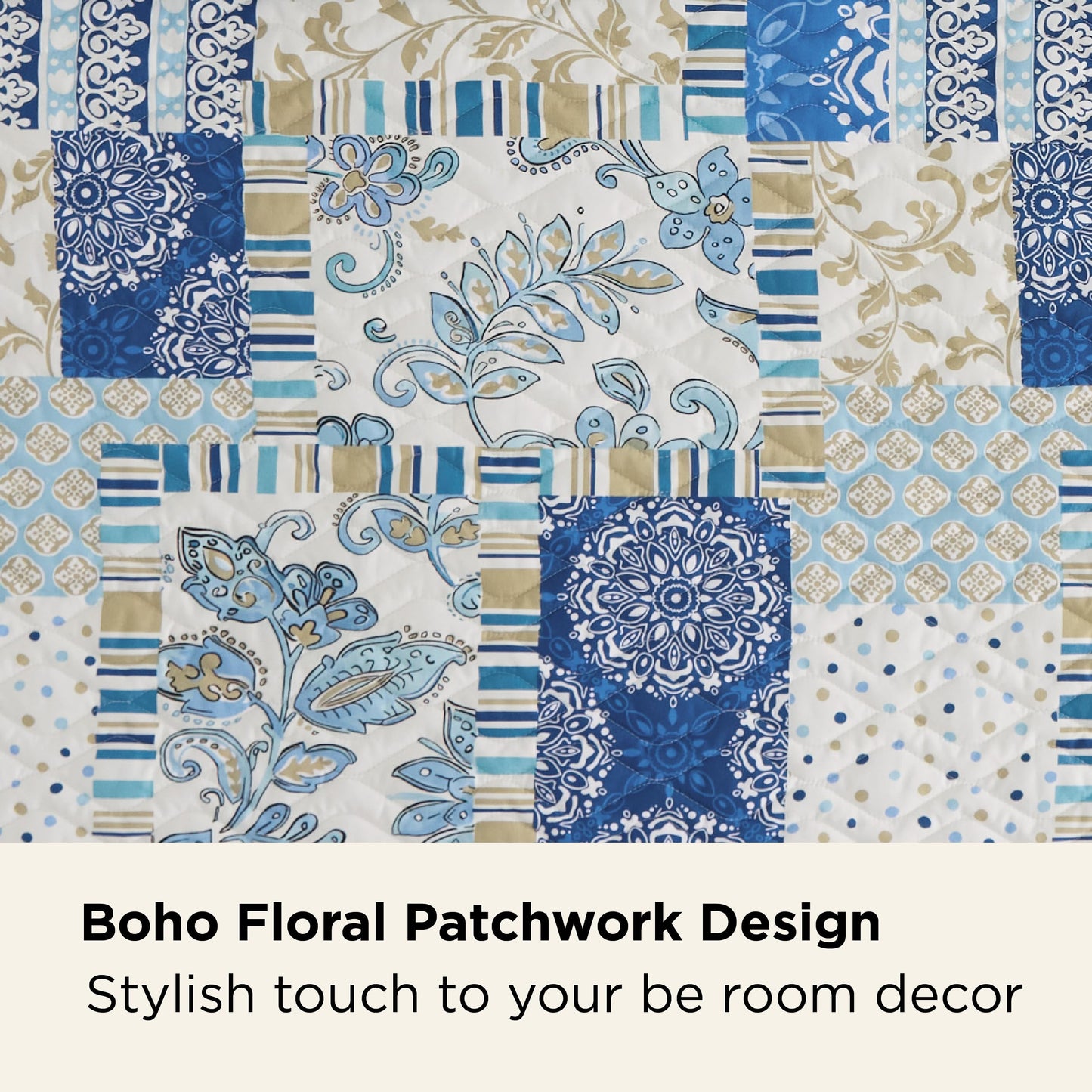 Bedsure Patchwork Quilt Queen Size - Summer Lightweight Boho Comforter Queen Size, Blue and White Bedspread Quilted Bedding, Reversible Soft Microfiber Coverlet for All Seasons (90"x96")