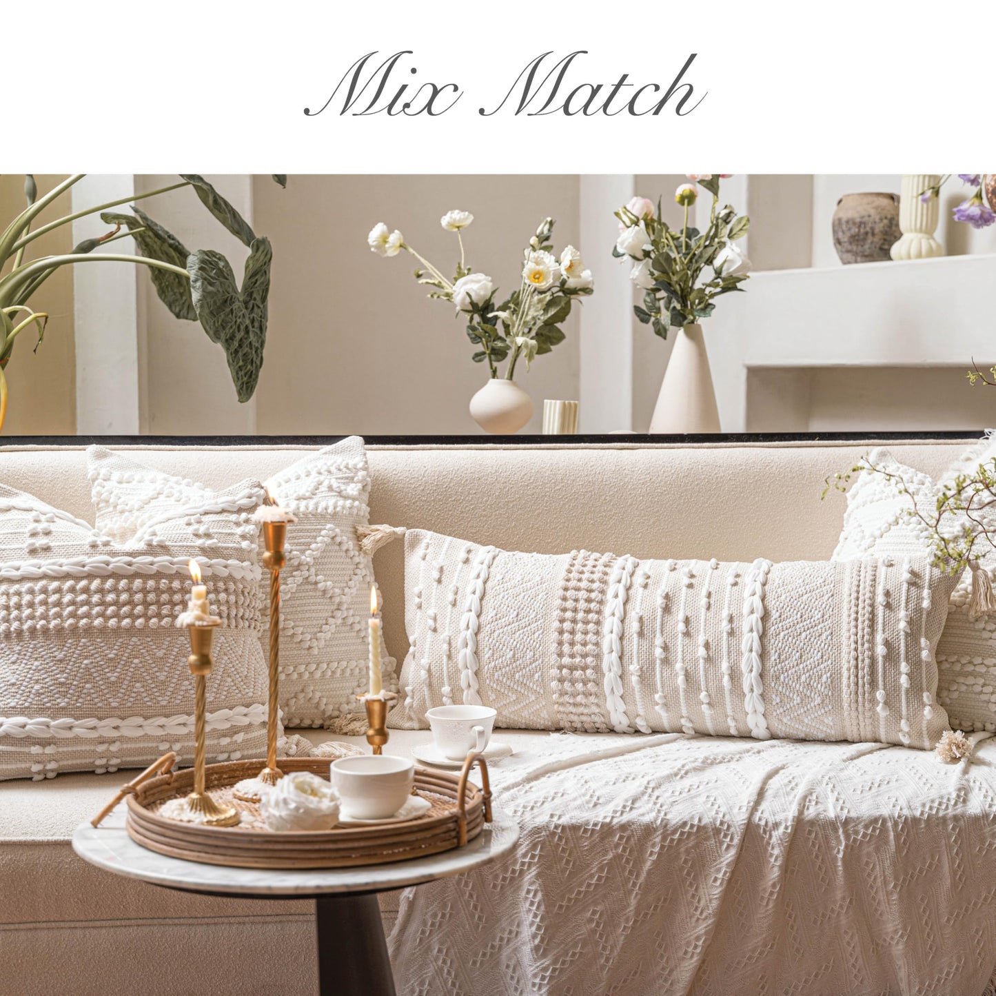 BlissBlush Pure White Decorative Lumbar Pillow Cover 14x36, Boho Long Throw Pillow for Bed, Accent Lumbar Throw Pillow Case, Modern Farmhouse Textured Lumbar Cushion (Cover ONLY)