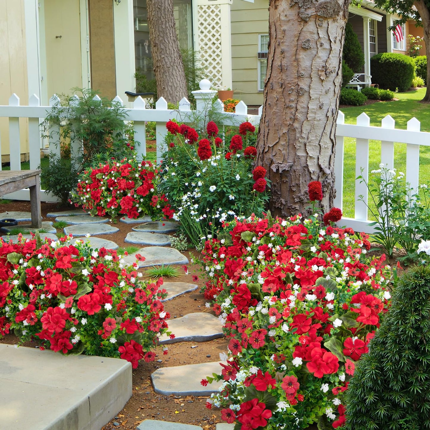 Ouddy Decor 18'' Artificial Geraniums Flowers for Outdoors, 10 Bundles Mixed Fake Silk Flowers Plastic Plants UV Resistant for Summer Garden Porch Patio Planter Kitchen Table Home Decor, Red